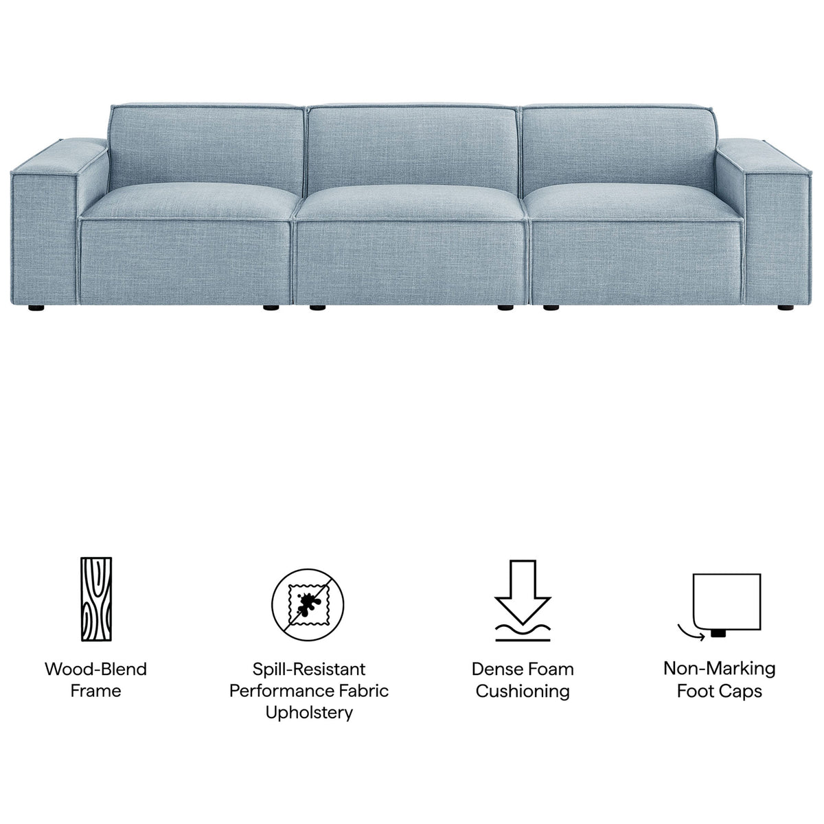 Sky blue modular sofa featuring performance fabric, dense cushioning, and floor-safe foot caps || EEI-7407-SKY || callout_studio