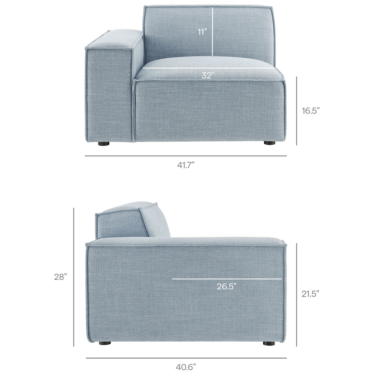 Sky blue left-arm modular chair with cushioned seat and back detailed with clean, modern lines || EEI-7407-SKY || dimension_studio