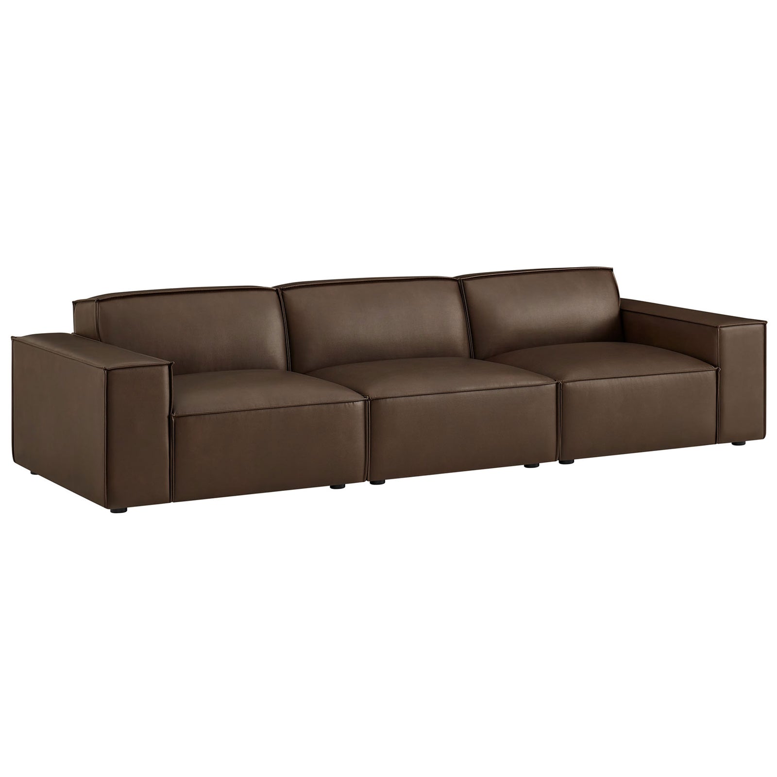 Espresso vegan leather modular sofa with wide track arms and three deep, plush seats || EEI-7408-ESP || front_angle_studio