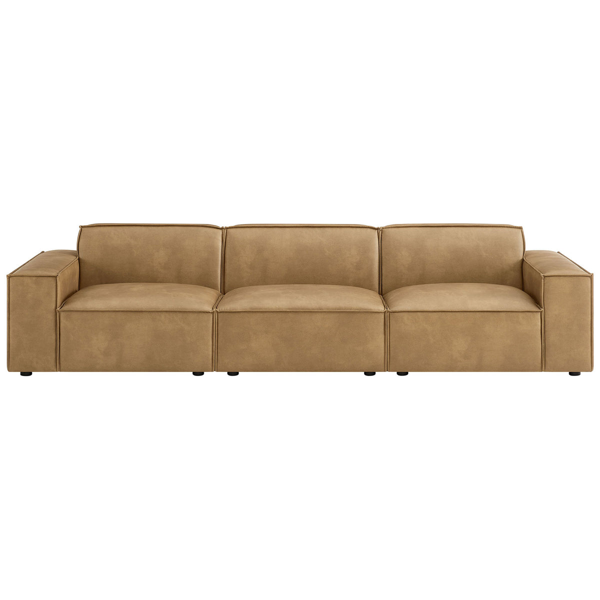 Three-piece toast vegan leather modular sofa with deep seats and broad track arms for relaxed lounging. || EEI-7408-TST || front_studio