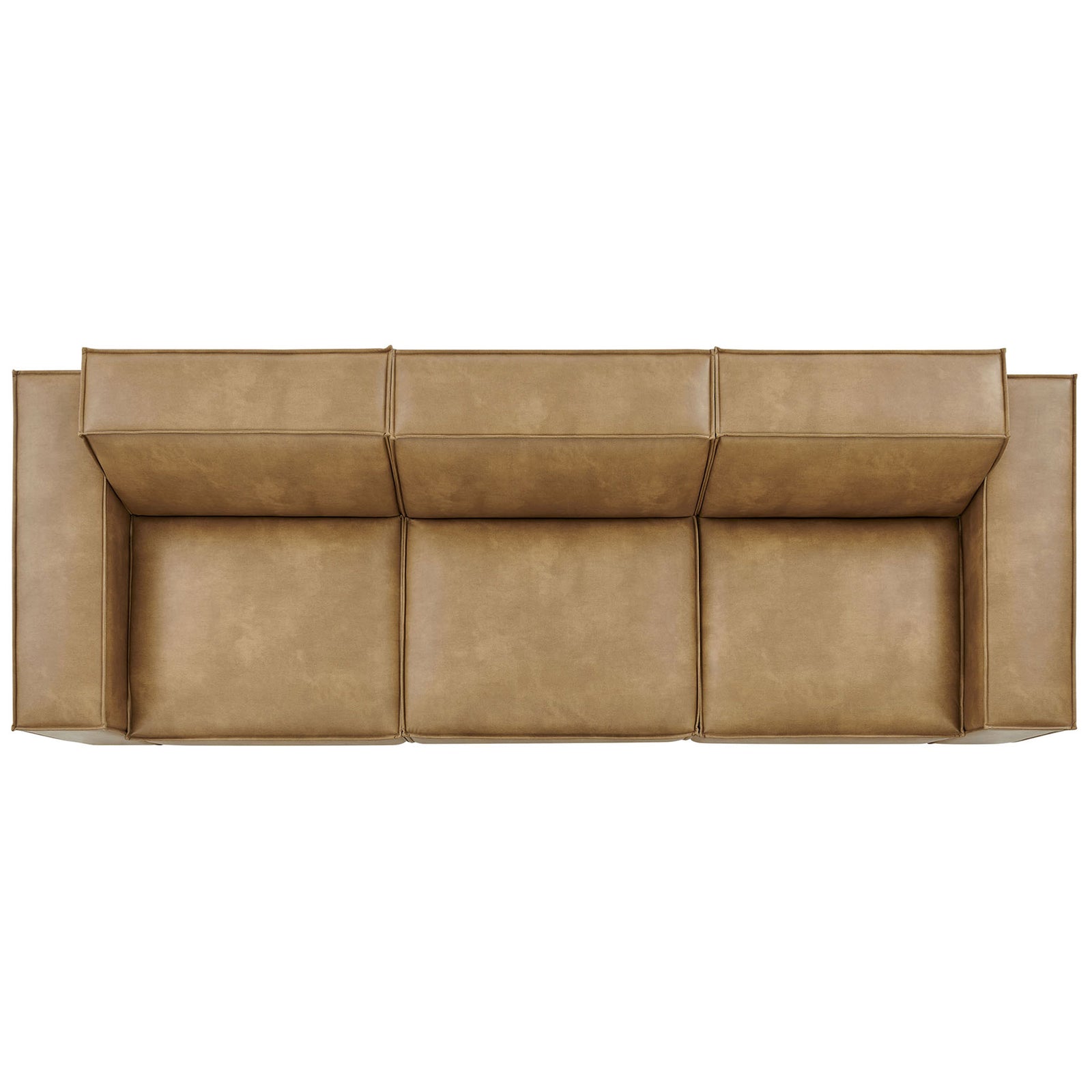 Top view of the three-seat modular sofa highlighting generous seat cushions and wide armrests. || EEI-7408-TST || top_studio