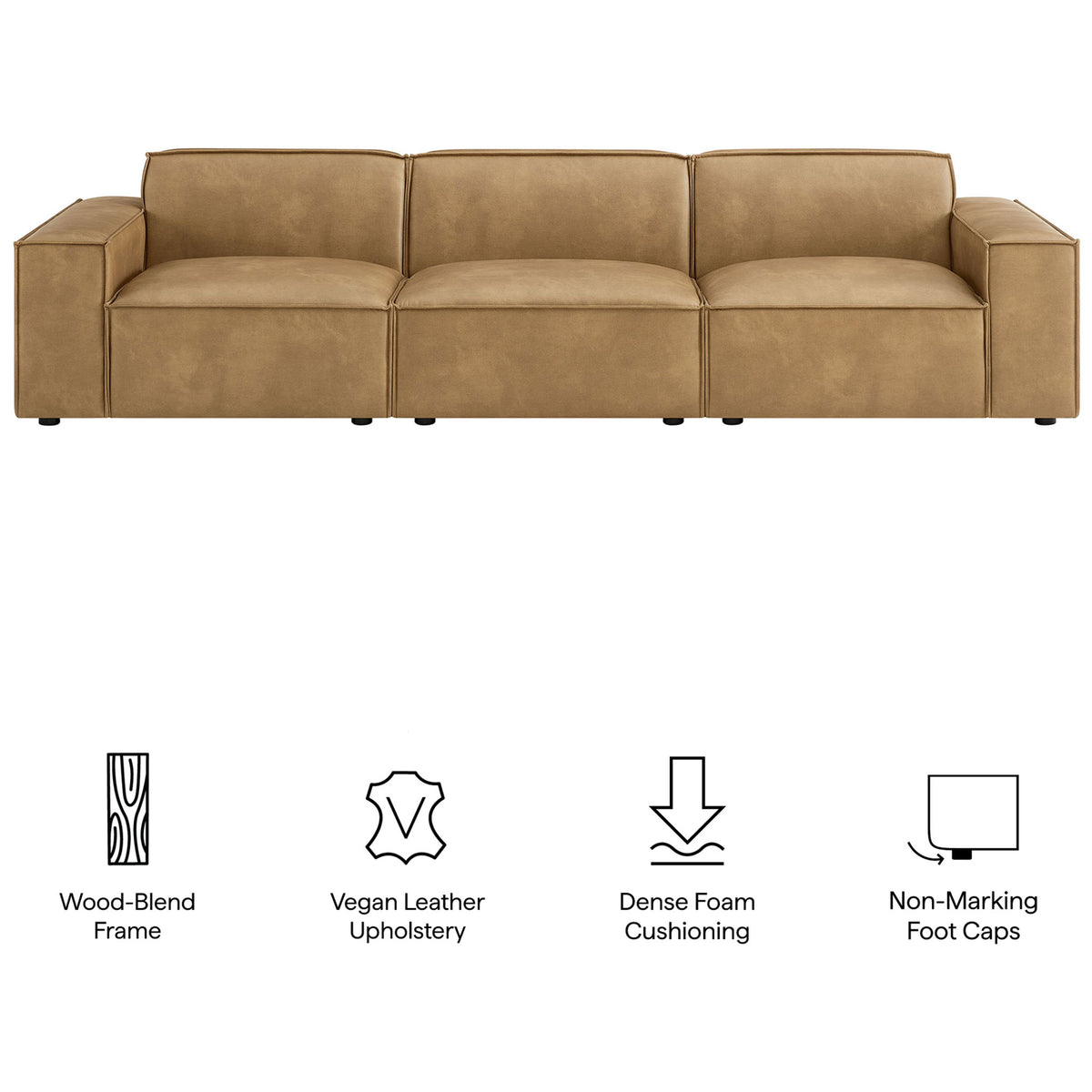 Feature overview of the toast vegan leather modular sofa with wood-blend frame and supportive cushioning. || EEI-7408-TST || callout_studio