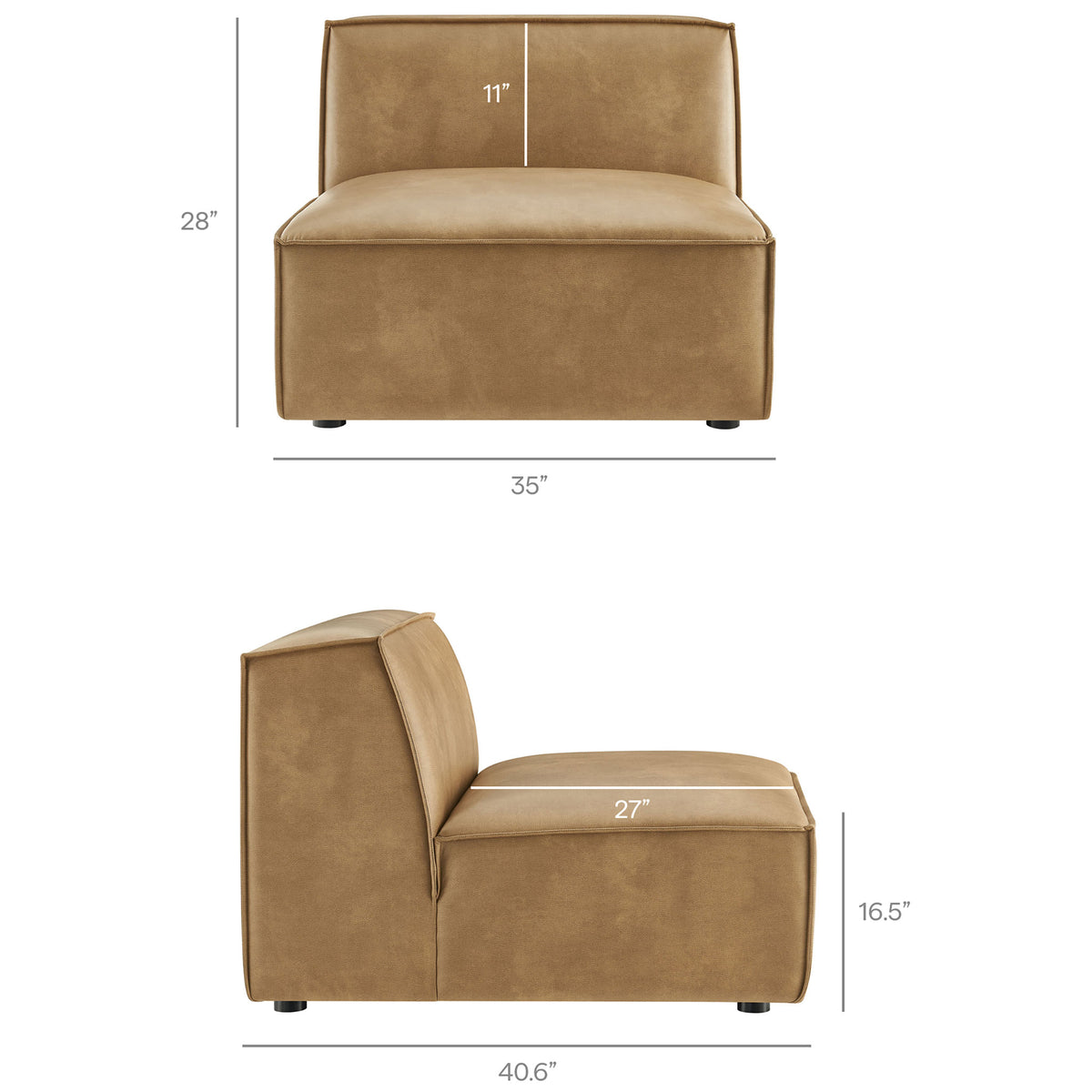 Dimension guide for the armless modular seat detailing its generous depth and lounge-style proportions. || EEI-7408-TST || dimension_studio