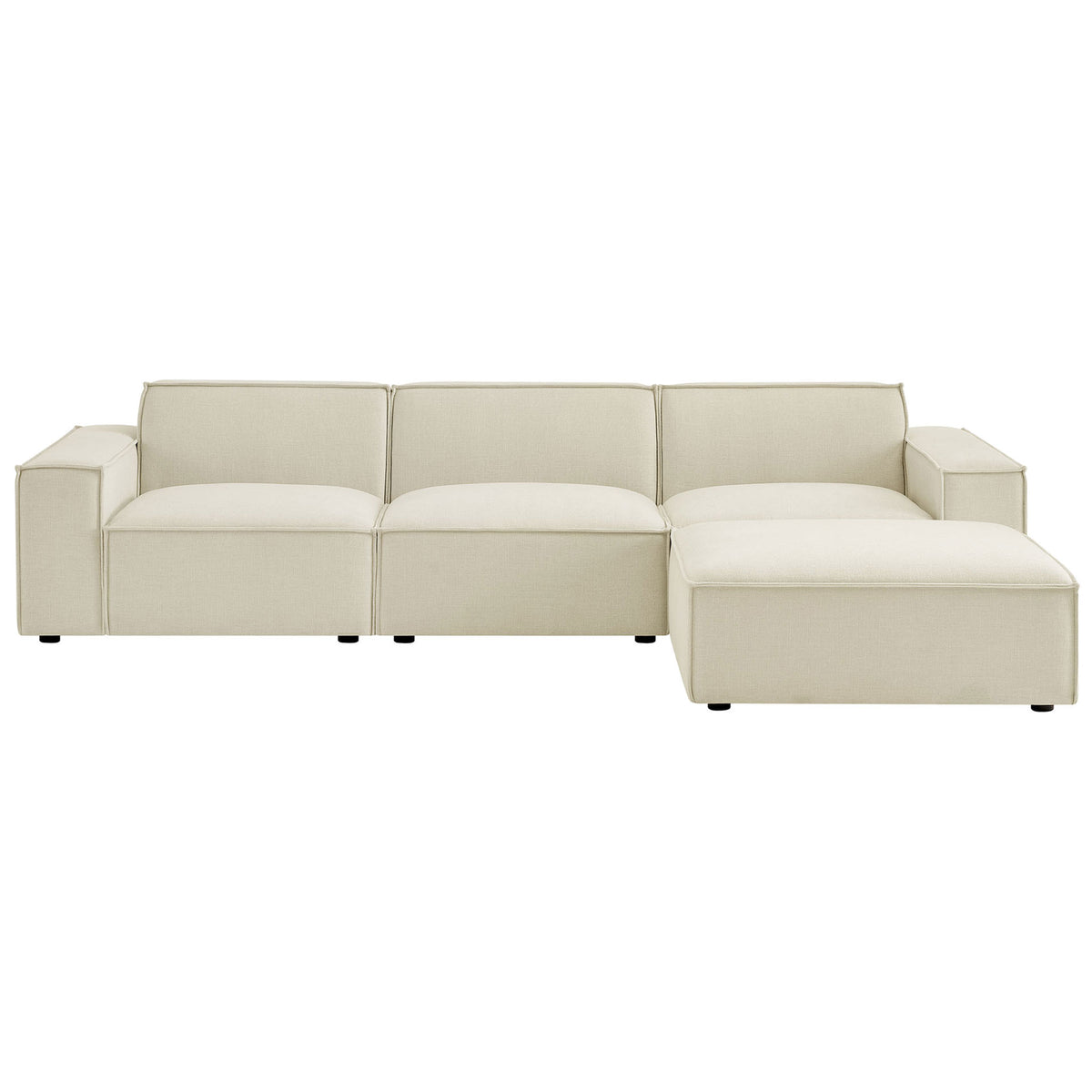 Low-profile ecru modular sofa set with ottoman and plush cushions for modern living rooms || EEI-7409-ECR || front_studio