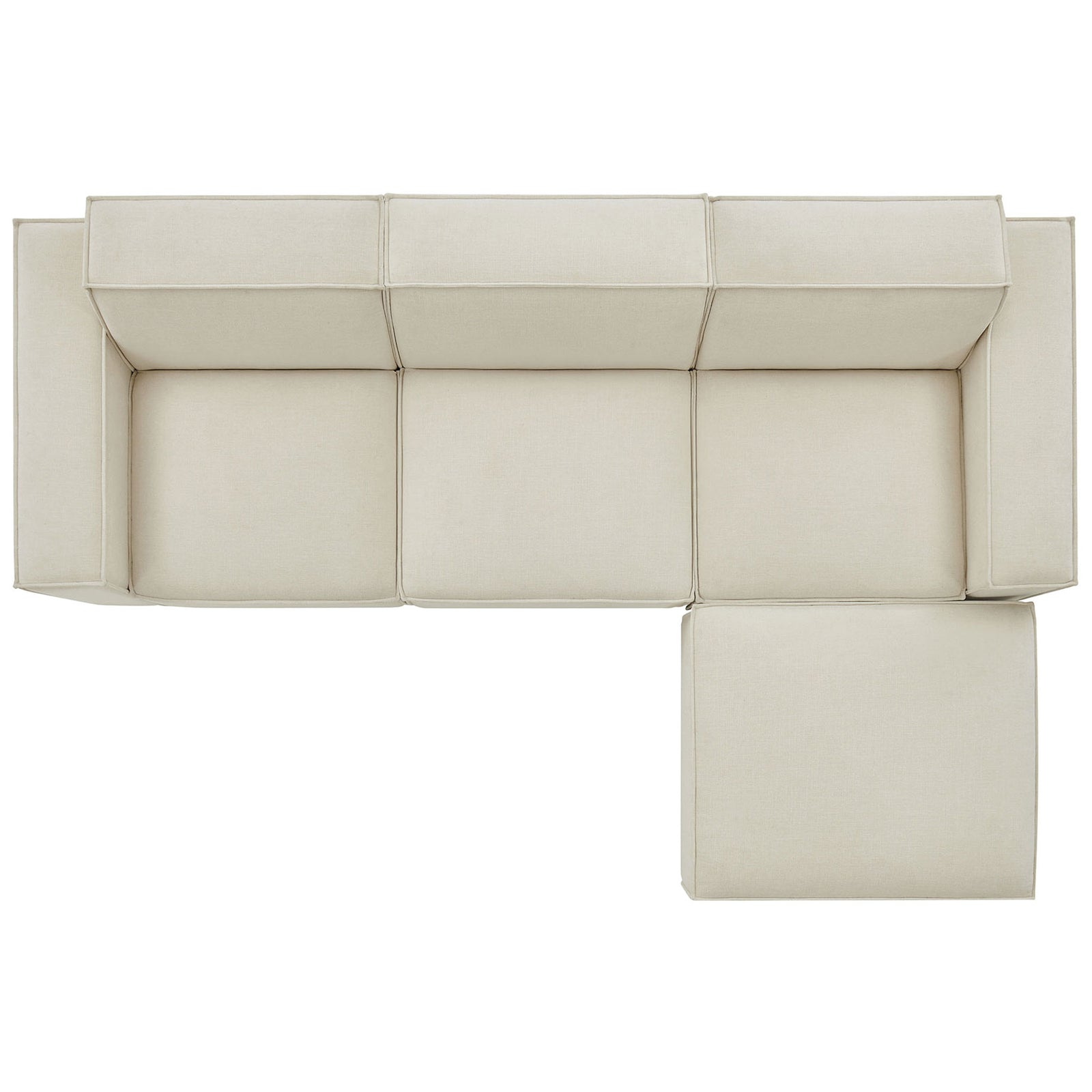 Modular sofa set arranged in an L configuration with spacious chaise ottoman in ecru fabric || EEI-7409-ECR || top_studio