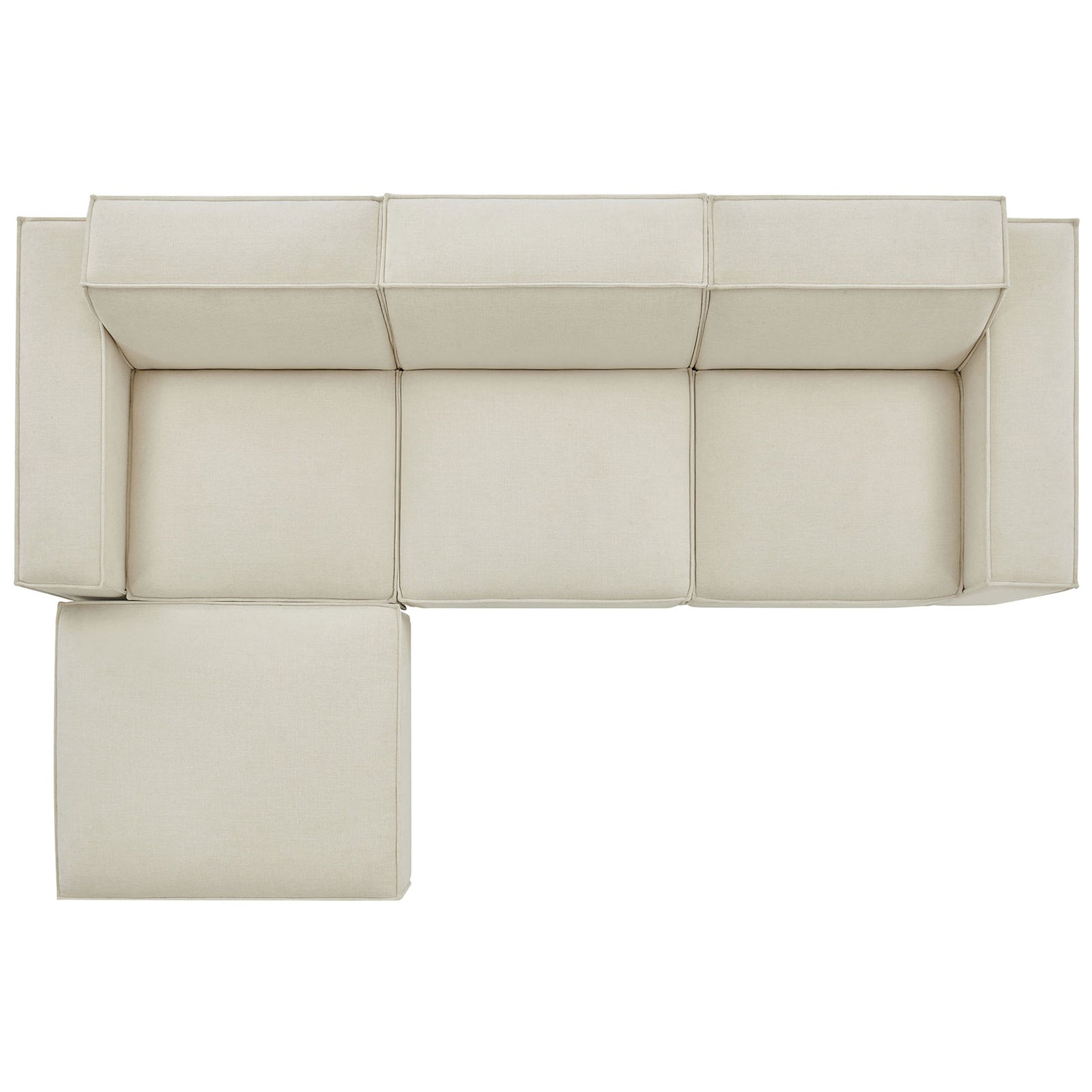 Modular pieces reconfigured with ottoman on opposite side for flexible seating layout || EEI-7409-ECR || top_studio