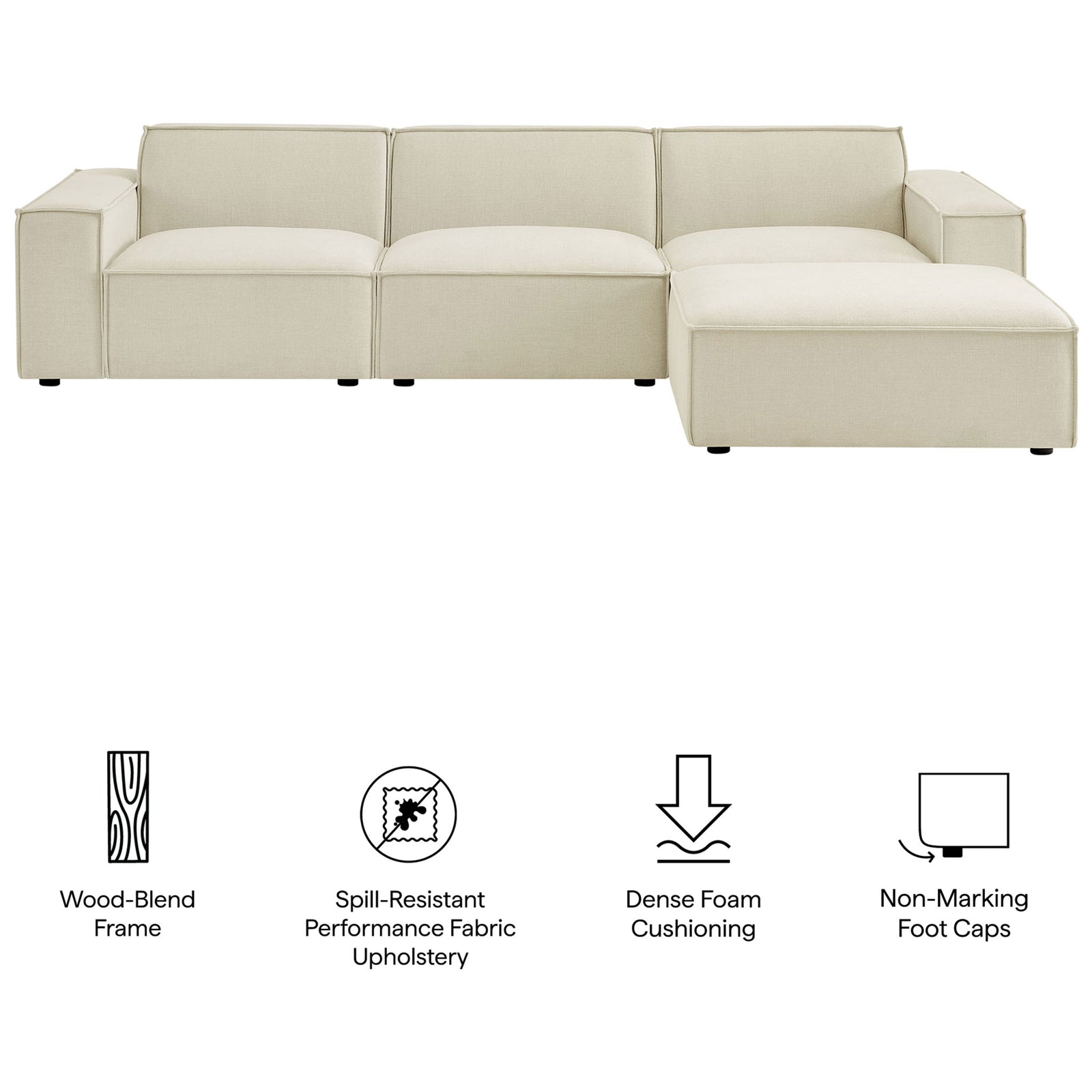 Performance fabric modular sofa set highlighting wood-blend frame, spill resistance, and dense cushioning || EEI-7409-ECR || callout_studio