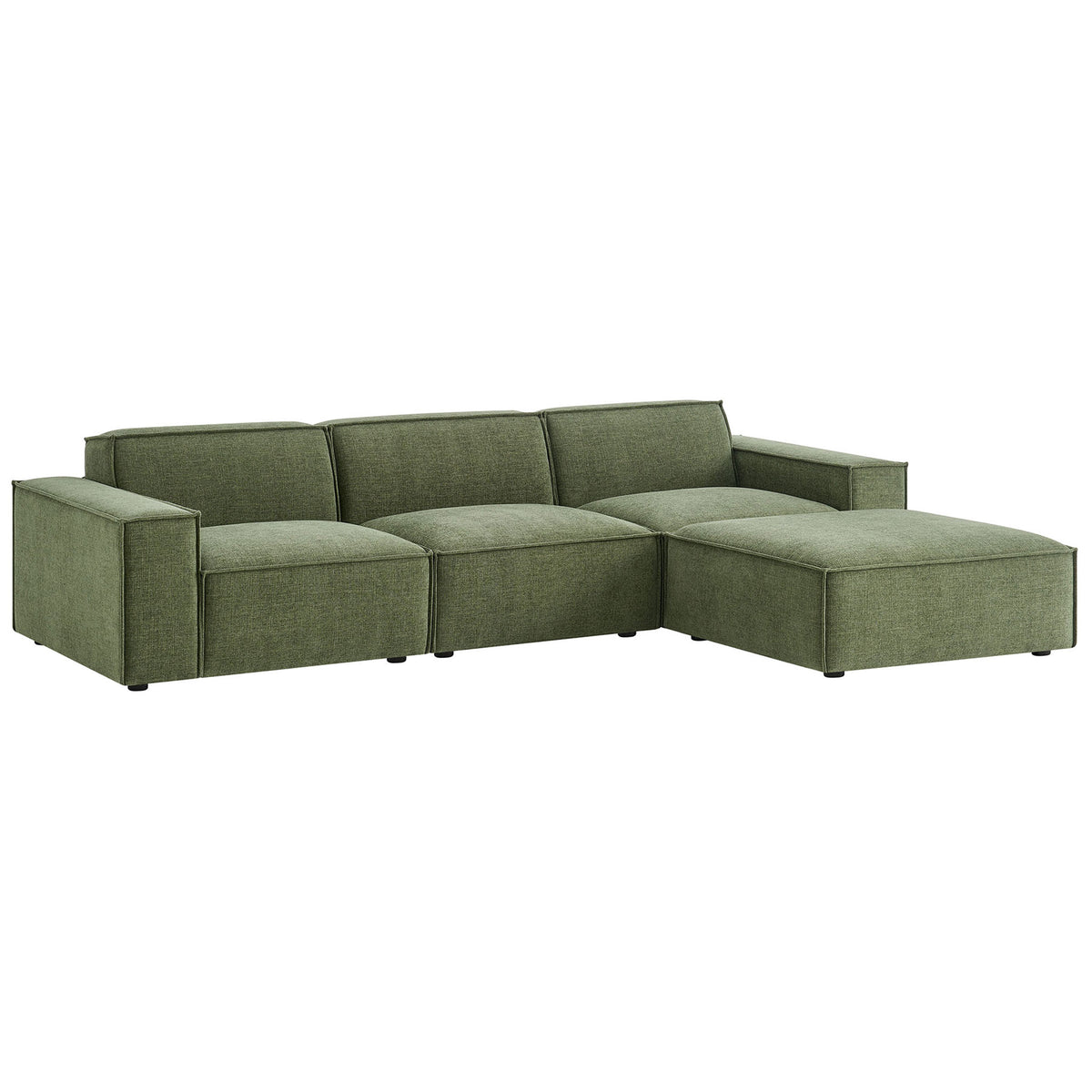 Foliage green modular sofa set with chaise-style ottoman and tailored French piping || EEI-7409-FOL || front_angle_studio