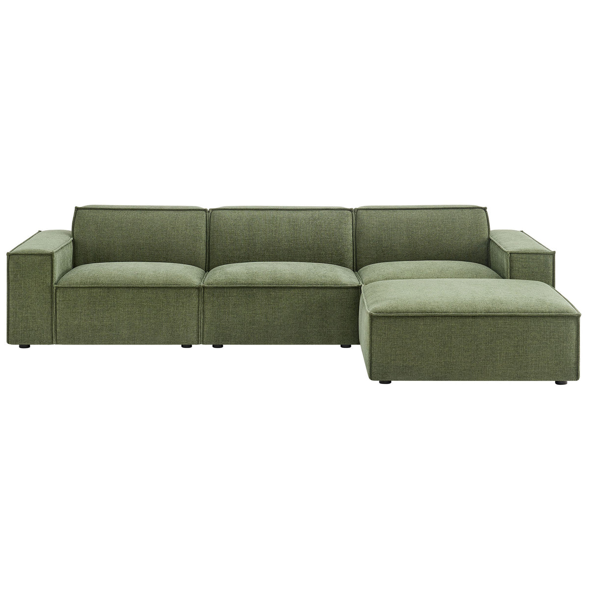 Spacious green 4-piece modular sectional with ottoman and plush, deep performance cushions || EEI-7409-FOL || front_studio