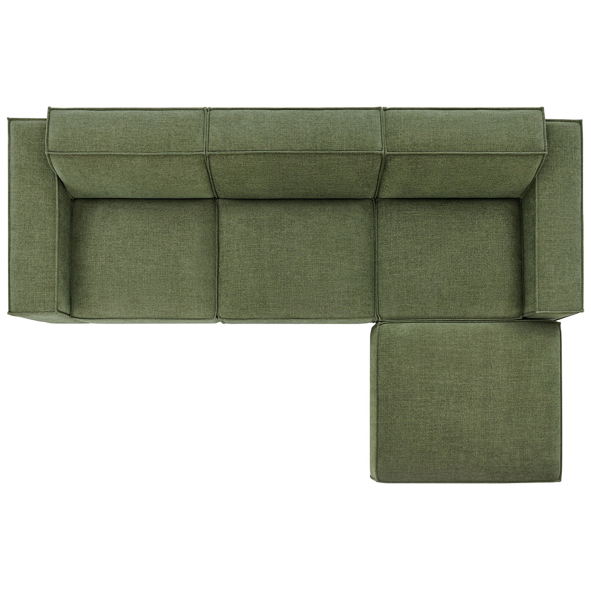 Green modular sectional arranged with right-hand ottoman creating a relaxed lounge chaise || EEI-7409-FOL || top_studio