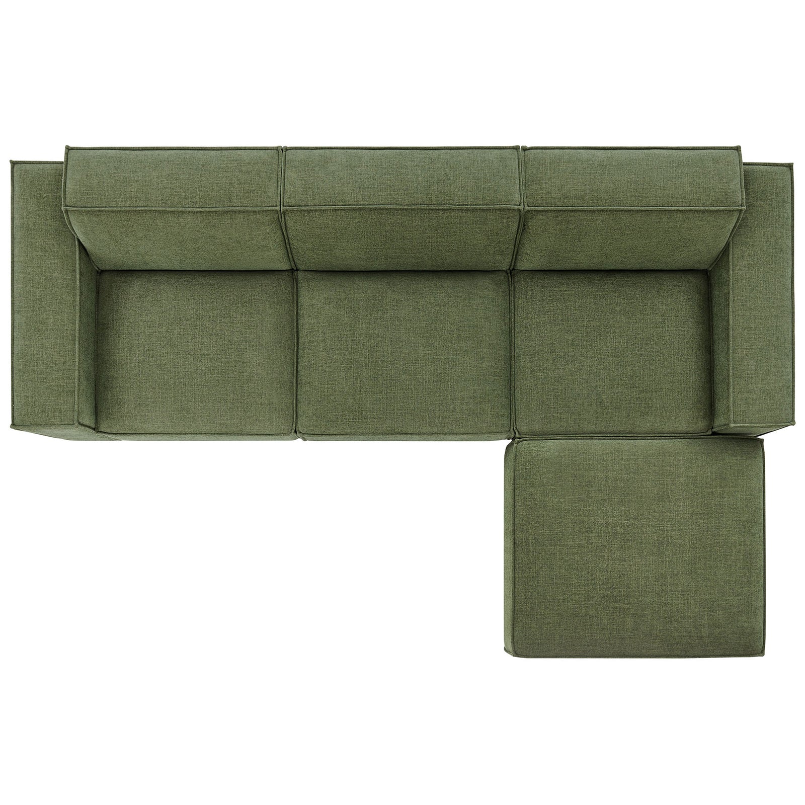 Green modular sectional arranged with right-hand ottoman creating a relaxed lounge chaise || EEI-7409-FOL || top_studio