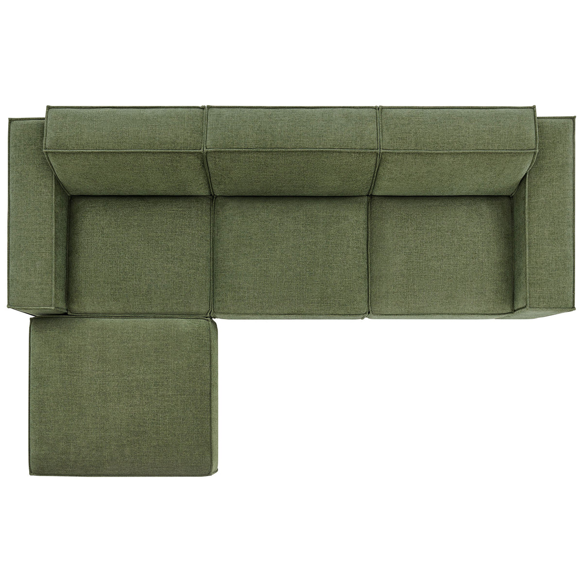Green modular sectional arranged with left-hand ottoman for flexible living room layouts || EEI-7409-FOL || top_studio