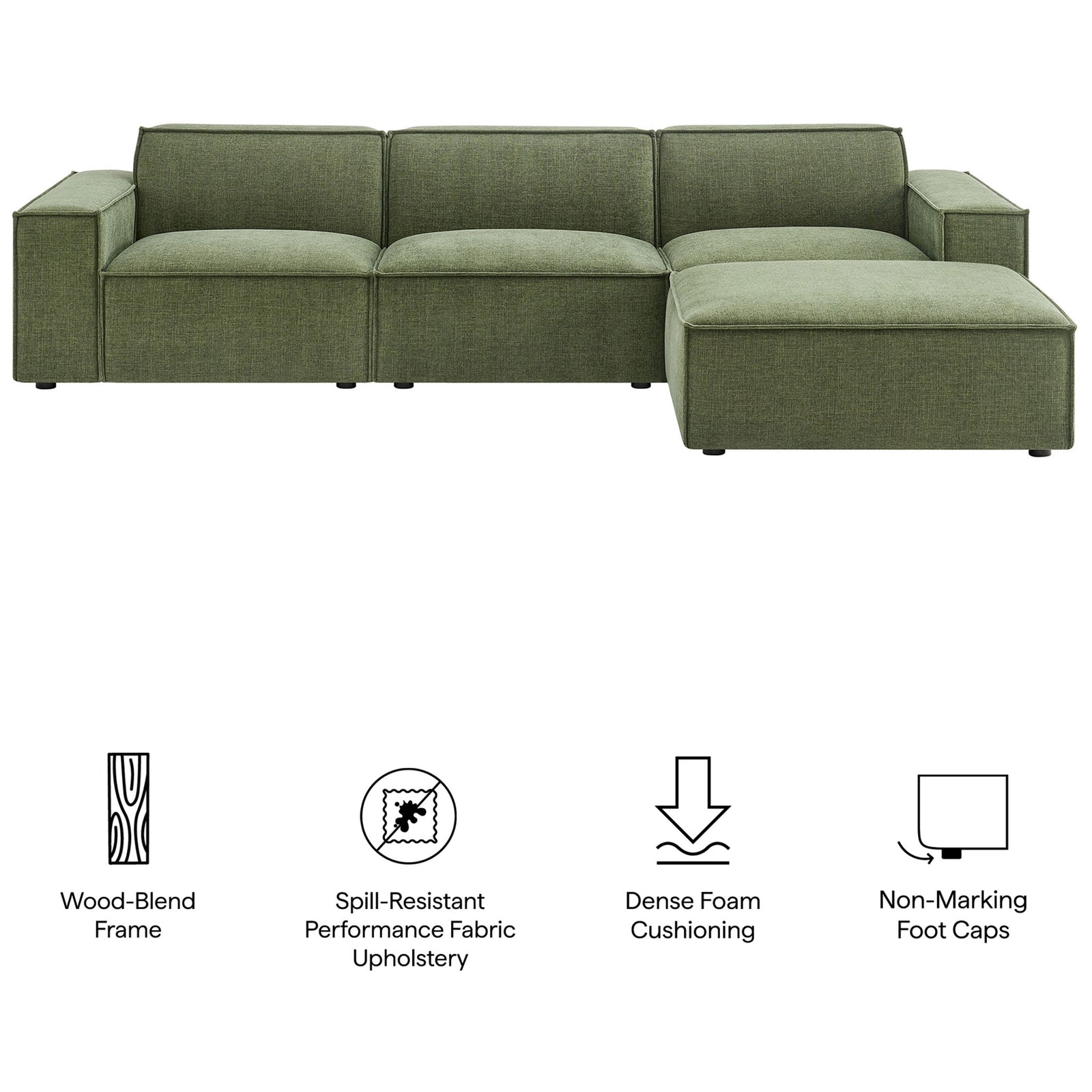 Green modular sectional with icons highlighting spill-resistant fabric and cushioned comfort || EEI-7409-FOL || callout_studio