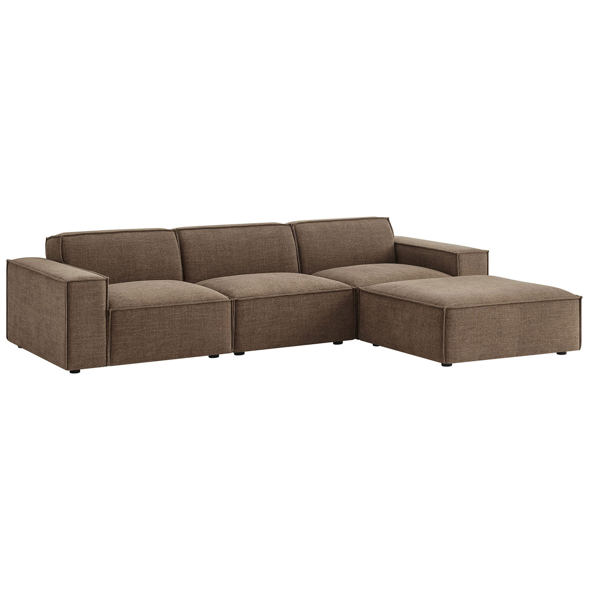 Spacious mocha modular sectional with right-facing chaise and ottoman in crisp, tailored lines. || EEI-7409-MOC || front_angle_studio