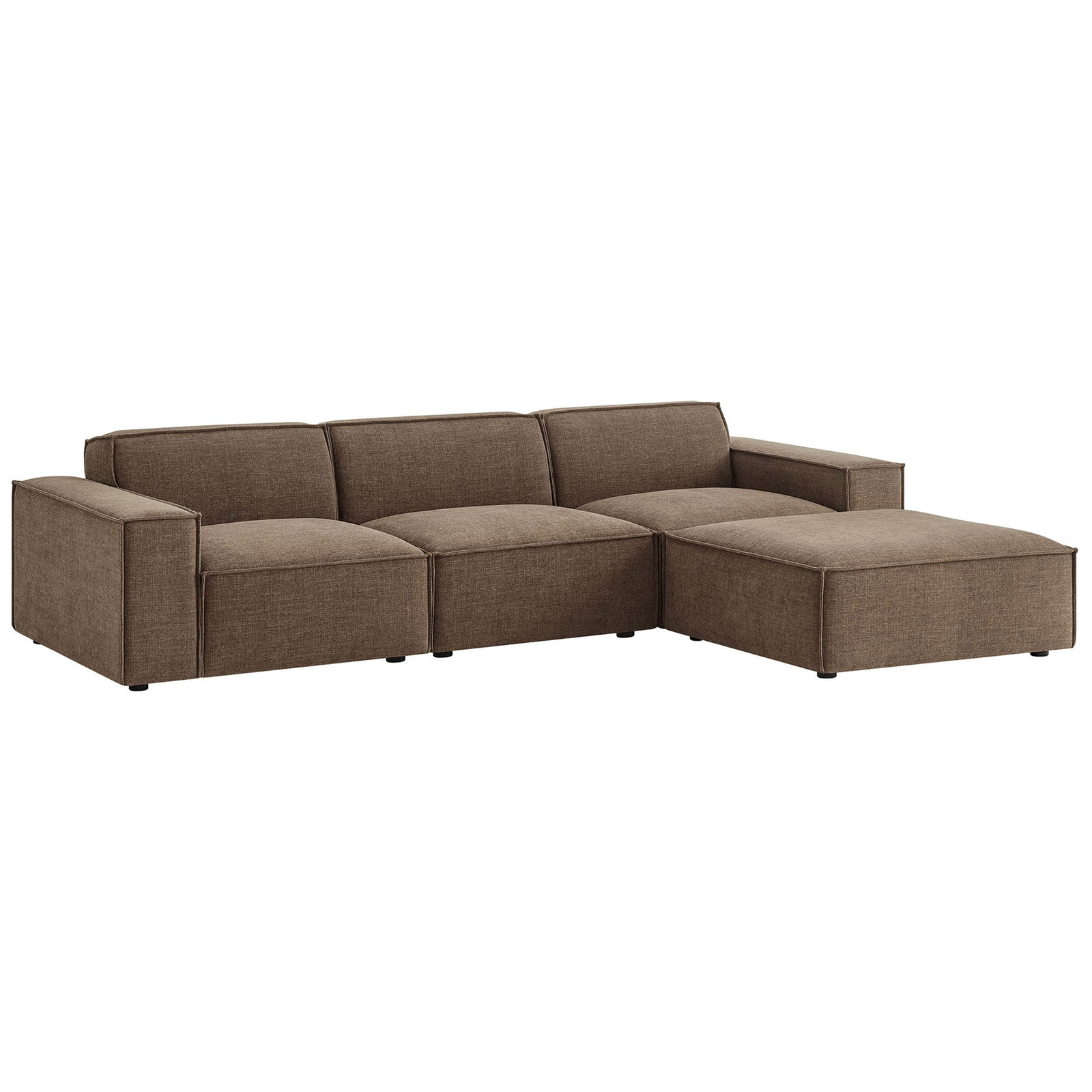 Spacious mocha modular sectional with right-facing chaise and ottoman in crisp, tailored lines. || EEI-7409-MOC || front_angle_studio