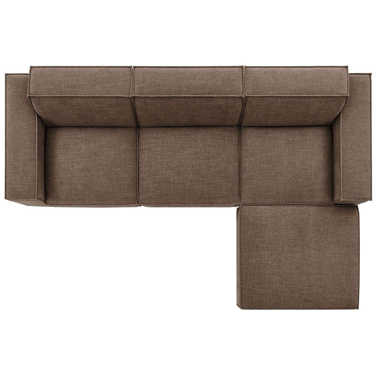 Mocha modular sectional arranged in an L-shape with chaise, showing generous seating and lounge space. || EEI-7409-MOC || top_studio