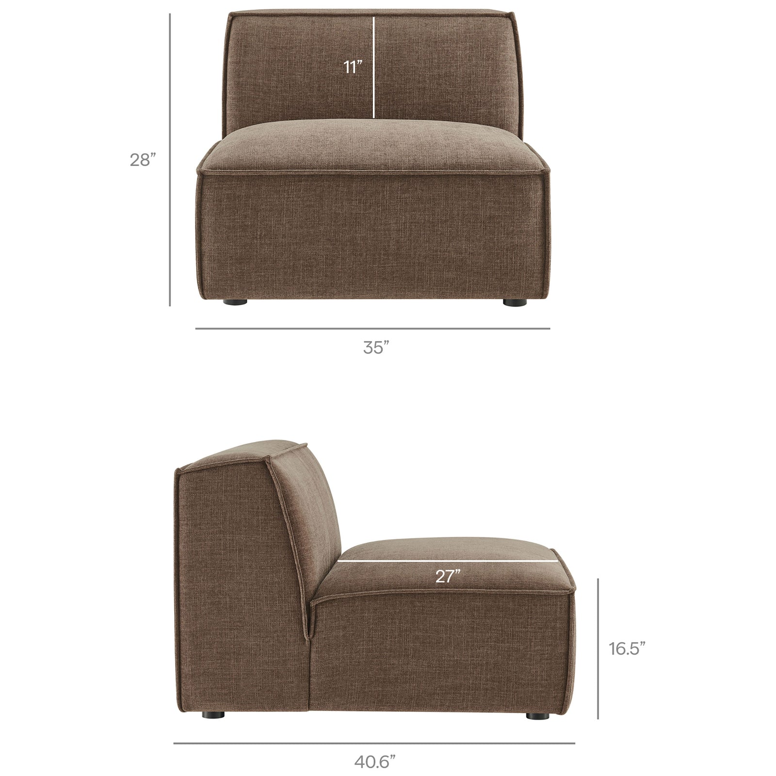 Armless modular chair measurements for the mocha Restore sectional, showing seat height and generous depth. || EEI-7409-MOC || dimension_studio