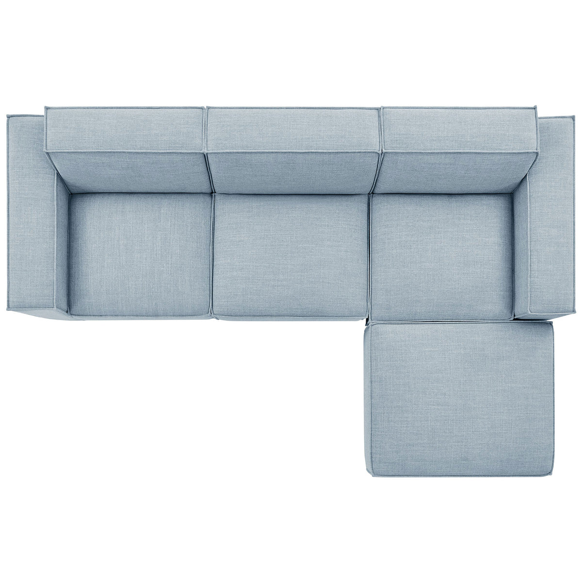 Configurable four-piece sectional in sky blue fabric showing ottoman creating a spacious right-side lounge || EEI-7409-SKY || top_studio