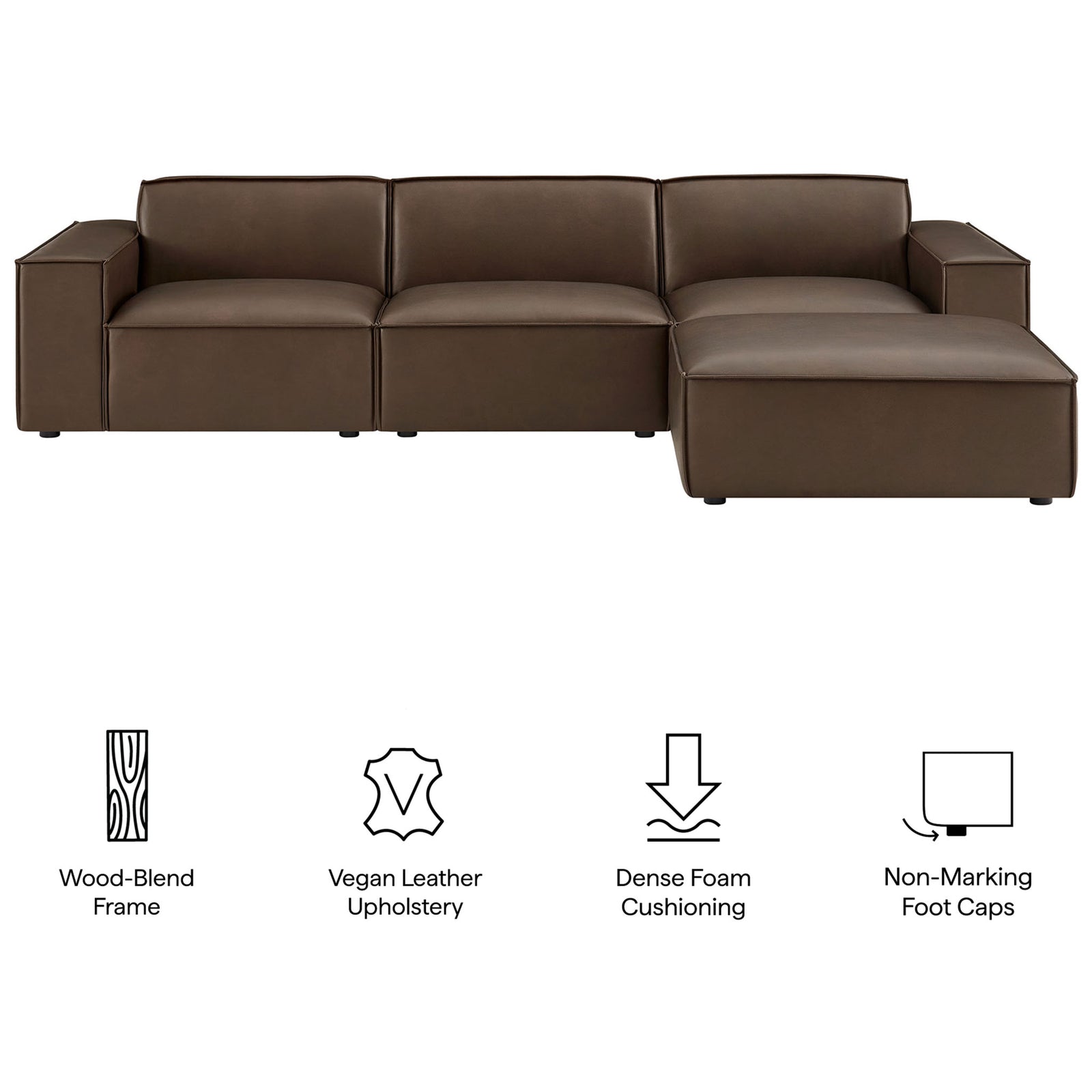 Feature icons highlight vegan leather upholstery, dense foam cushions, sturdy frame, and floor-safe feet || EEI-7410-ESP || callout_studio