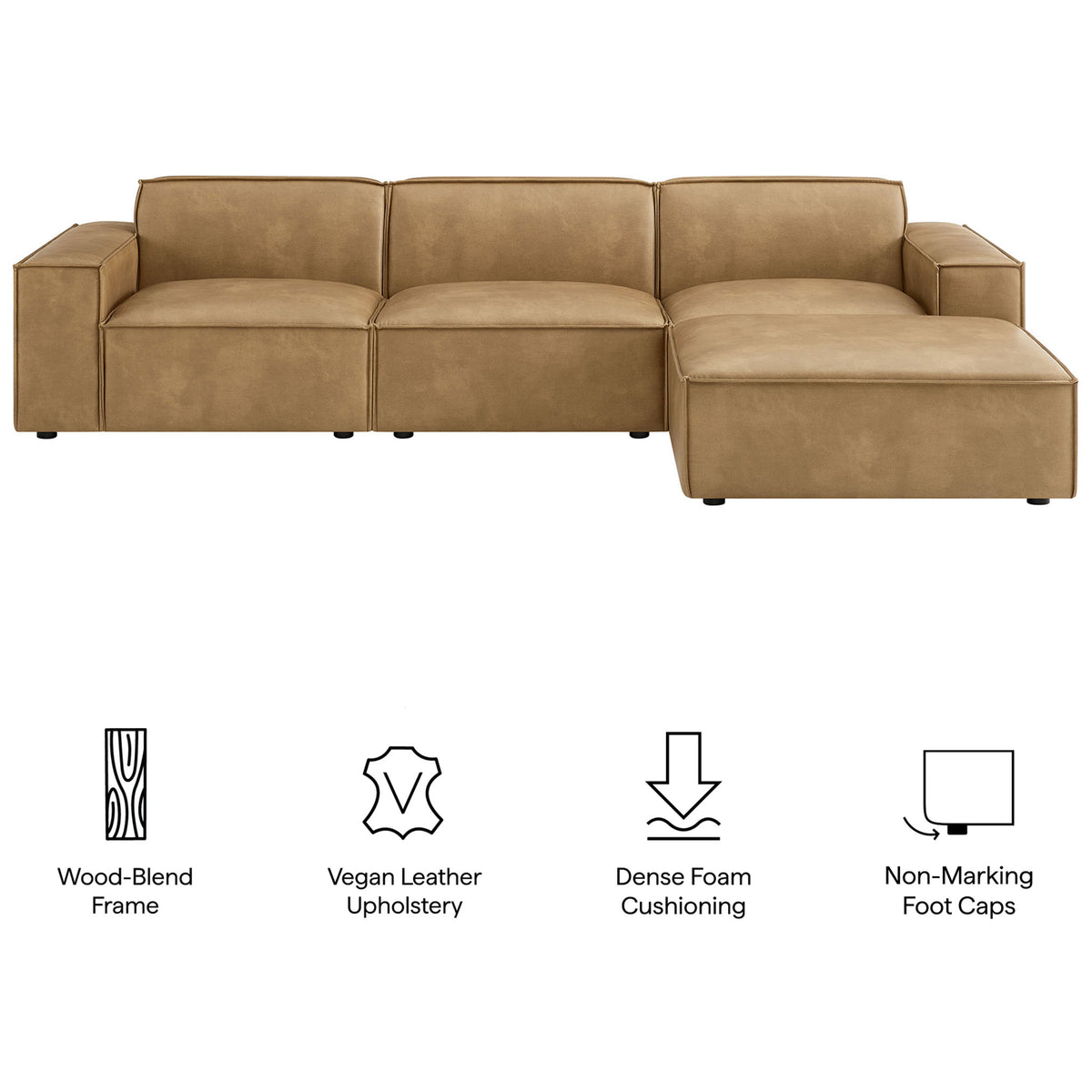 Restore modular vegan leather sectional with ottoman highlighting frame, cushioning, and protective foot caps || EEI-7410-TST || callout_studio