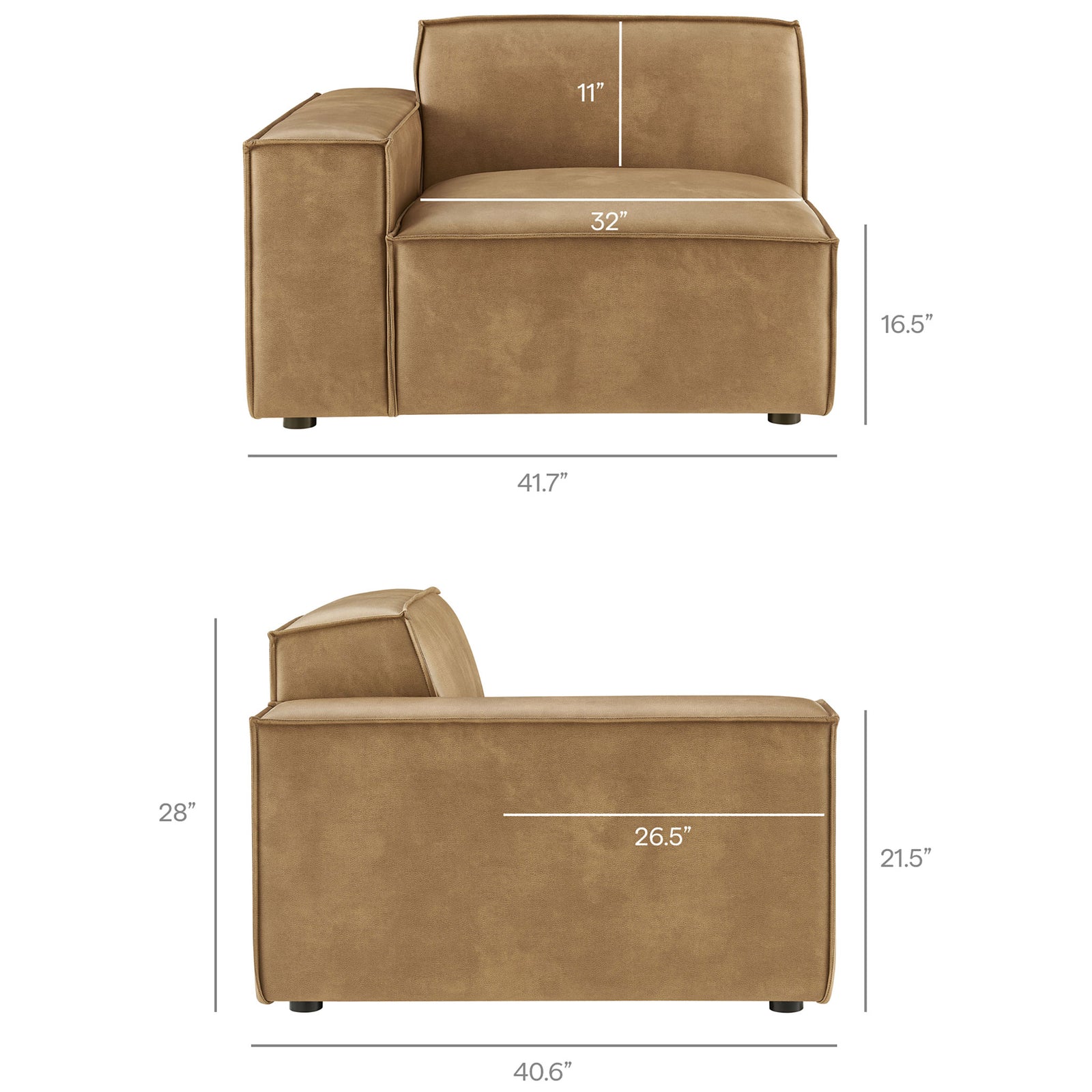 Dimensions of the modular armchair component in toast vegan leather upholstery || EEI-7410-TST || dimension_studio
