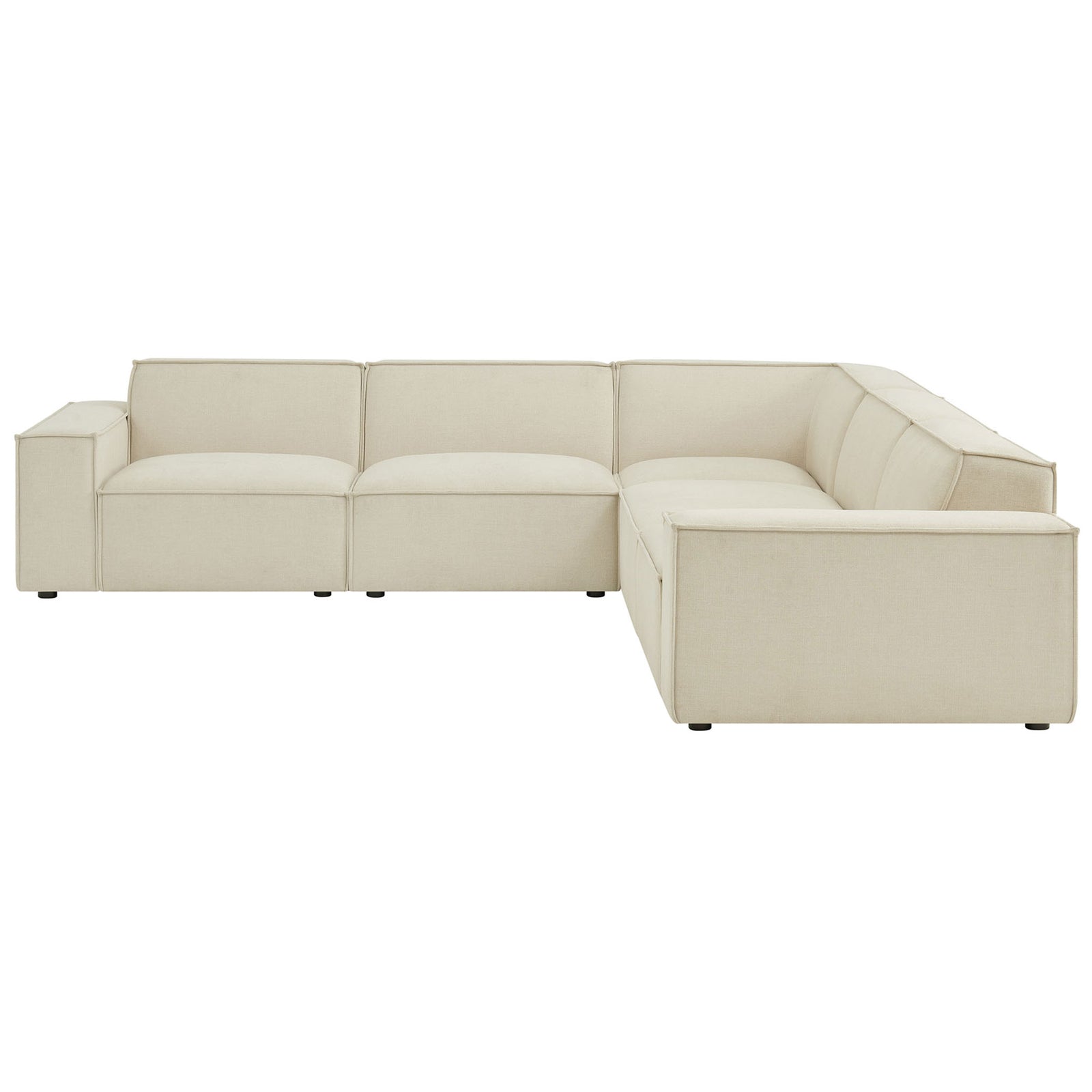 Low-profile modular sectional showcasing broad track arms and tailored French piping || EEI-7411-ECR || front_angle_studio