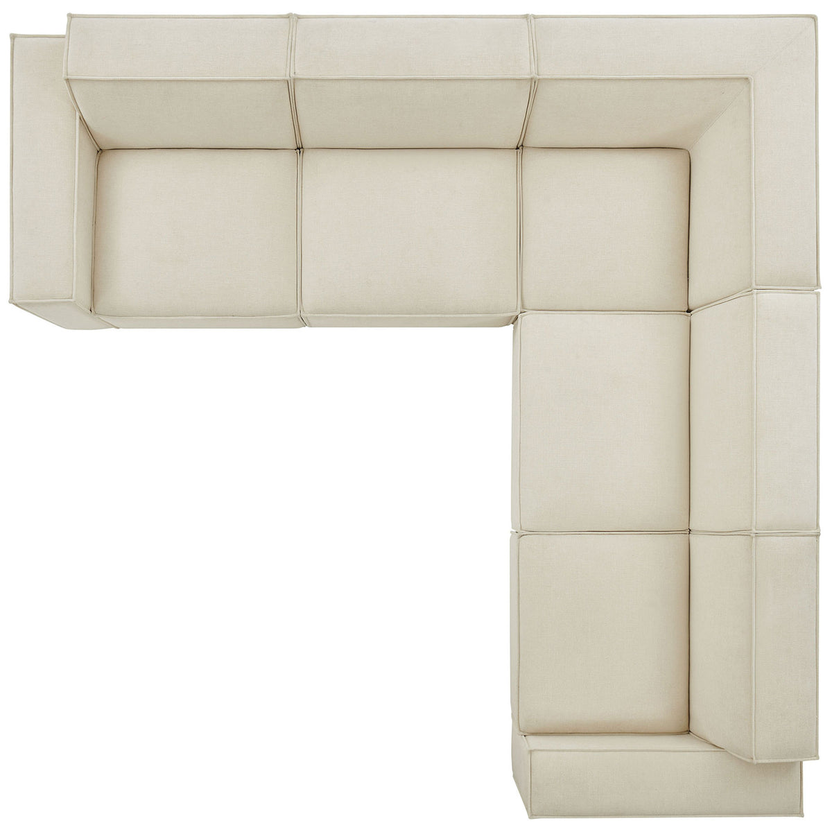 Top view of the modular L-shaped sectional highlighting generous seating and wide cushions || EEI-7411-ECR || top_studio