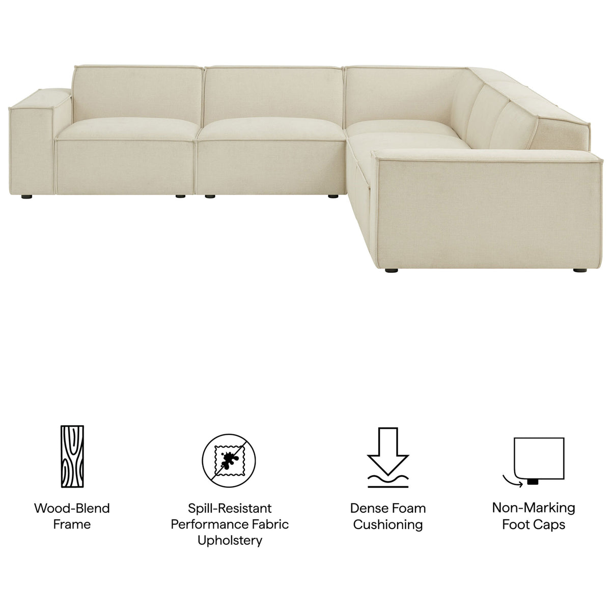 Modular sectional with icons highlighting performance fabric, dense foam, and protective foot caps || EEI-7411-ECR || callout_studio