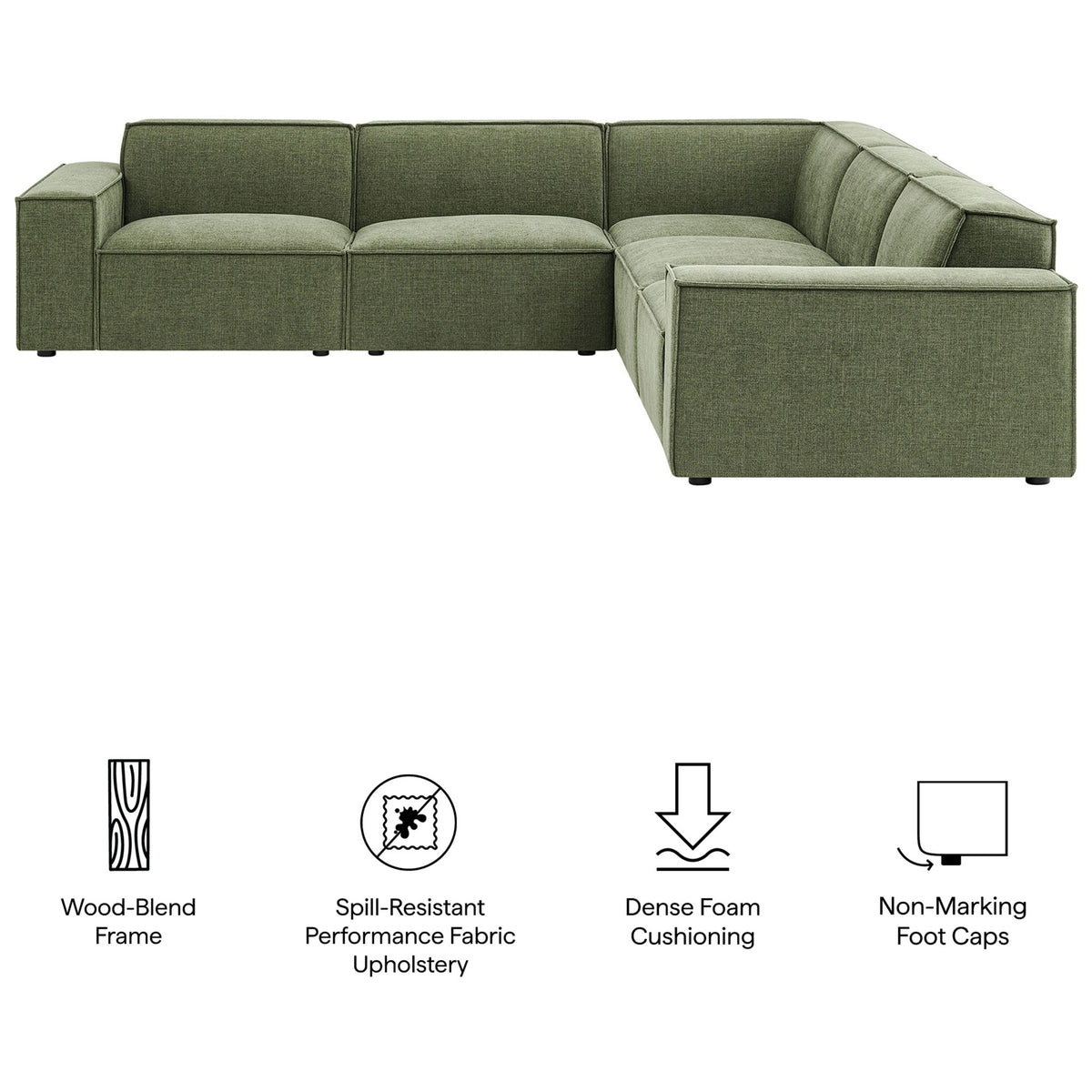 Restore sectional with icons calling out its wood-blend frame, spill-resistant fabric, dense foam, and floor-safe feet. || EEI-7411-FOL || callout_studio