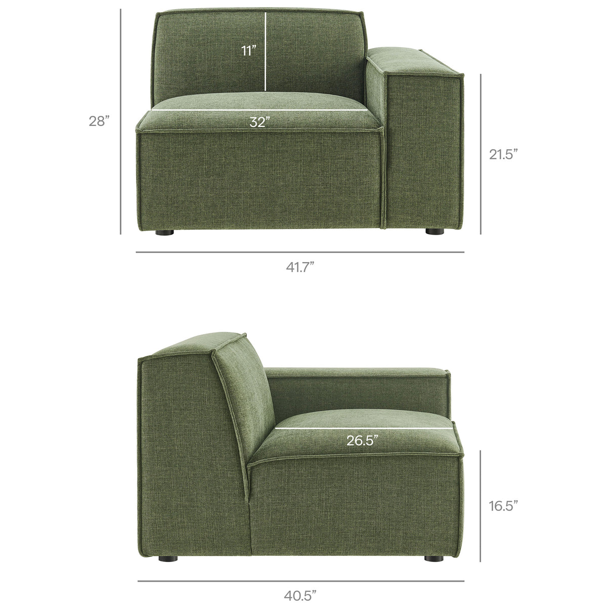 Dimension diagram for modular lounge chair with opposite arm, noting seat height, depth, and overall proportions. || EEI-7411-FOL || dimension_studio