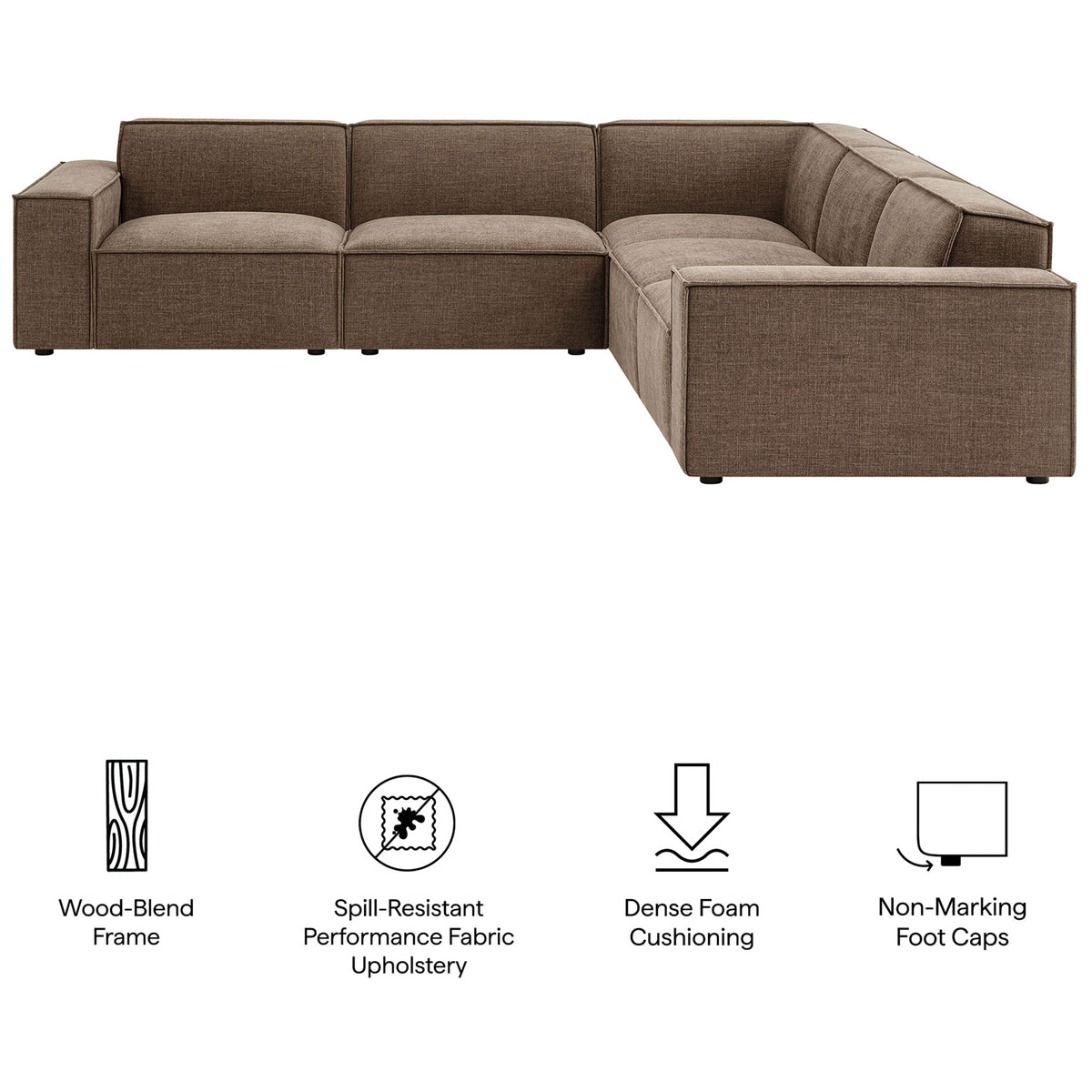 Mocha modular L-shaped sofa with performance fabric, dense foam cushions, and non-marking foot caps || EEI-7411-MOC || callout_studio