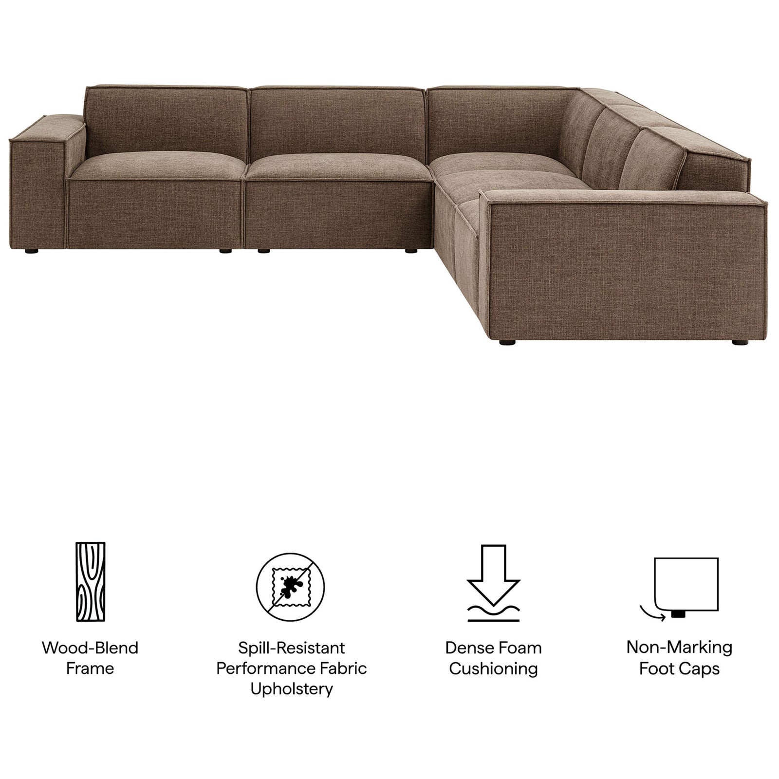 Mocha modular L-shaped sofa with performance fabric, dense foam cushions, and non-marking foot caps || EEI-7411-MOC || callout_studio