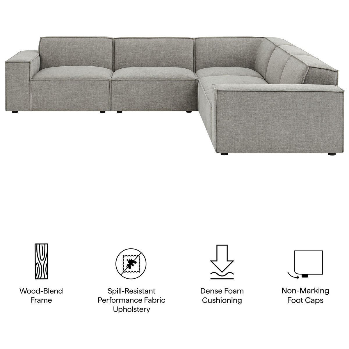 Modular sectional sofa in performance pewter fabric with dense foam cushions, wood-blend frame, and non-marking feet || EEI-7411-PEW || callout_studio