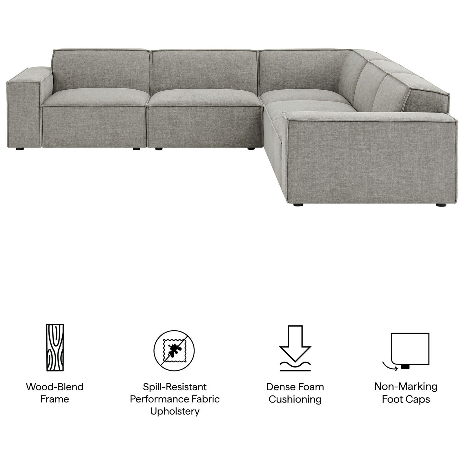 Modular sectional sofa in performance pewter fabric with dense foam cushions, wood-blend frame, and non-marking feet || EEI-7411-PEW || callout_studio