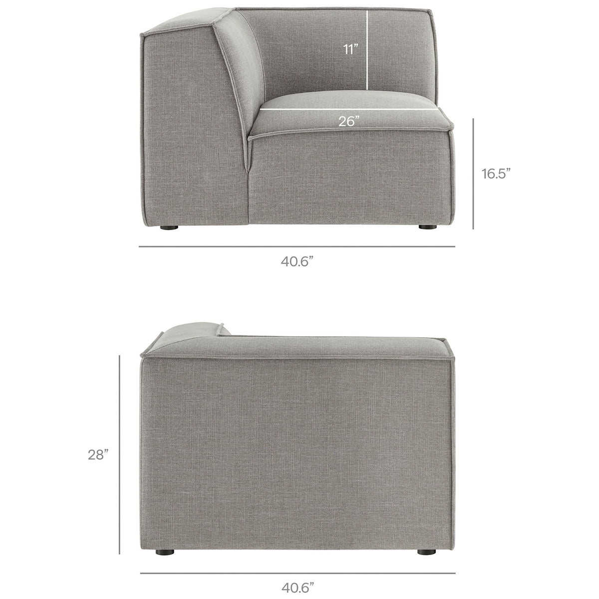 Dimension guide for the corner modular chair illustrating generous seat depth and back height || EEI-7411-PEW || dimension_studio