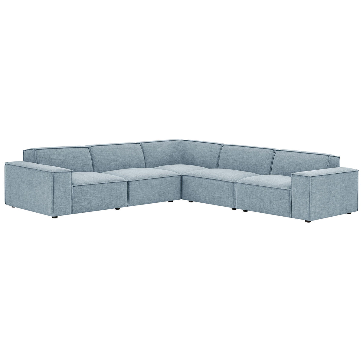 Sky blue modular L-shaped sectional with deep cushions and wide track arms for relaxed lounging || EEI-7411-SKY || front_angle_studio