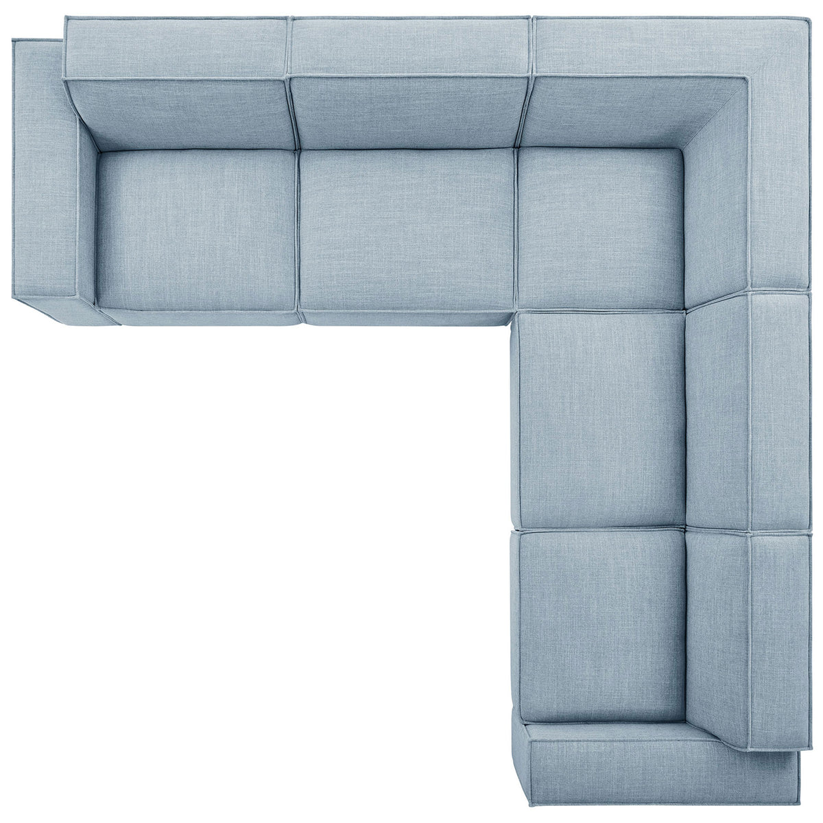 Modular sky blue sectional arranged in an open L-shaped layout with broad seats and clean seams || EEI-7411-SKY || top_studio