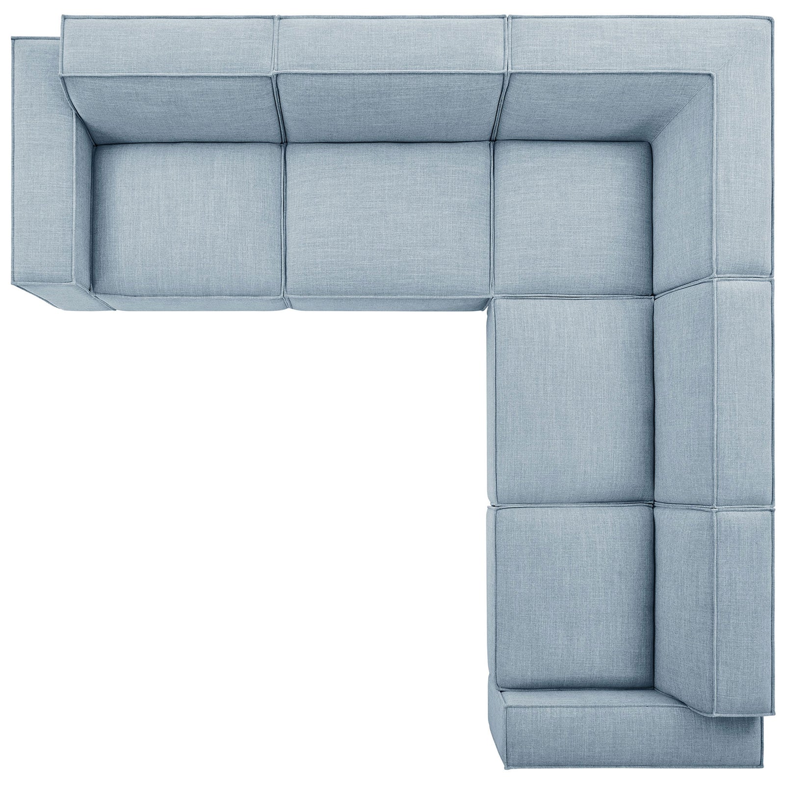 Modular sky blue sectional arranged in an open L-shaped layout with broad seats and clean seams || EEI-7411-SKY || top_studio