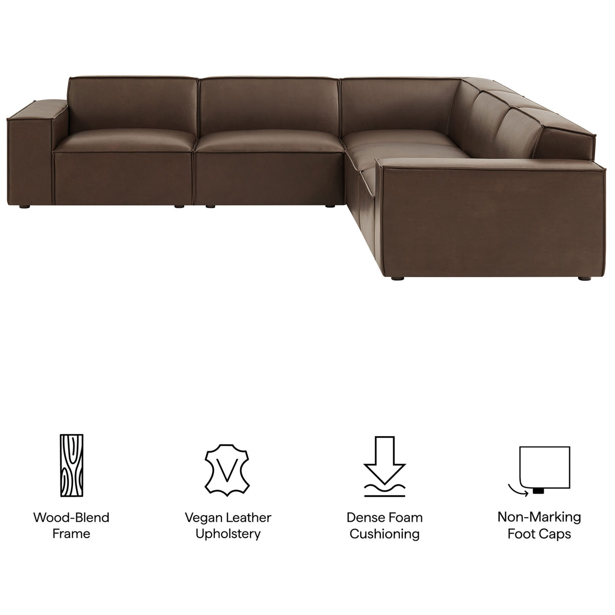 Modular L-shaped sofa in espresso vegan leather featuring dense foam cushions and protective non-marking foot caps || EEI-7412-ESP || callout_studio