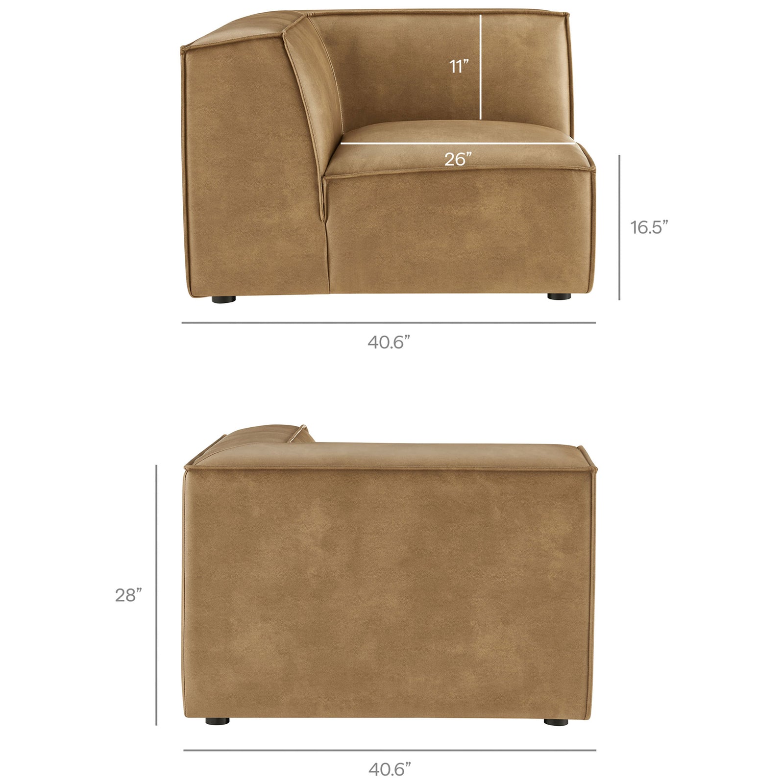 Dimensions of the corner modular chair component of the toast vegan leather sectional || EEI-7412-TST || dimension_studio