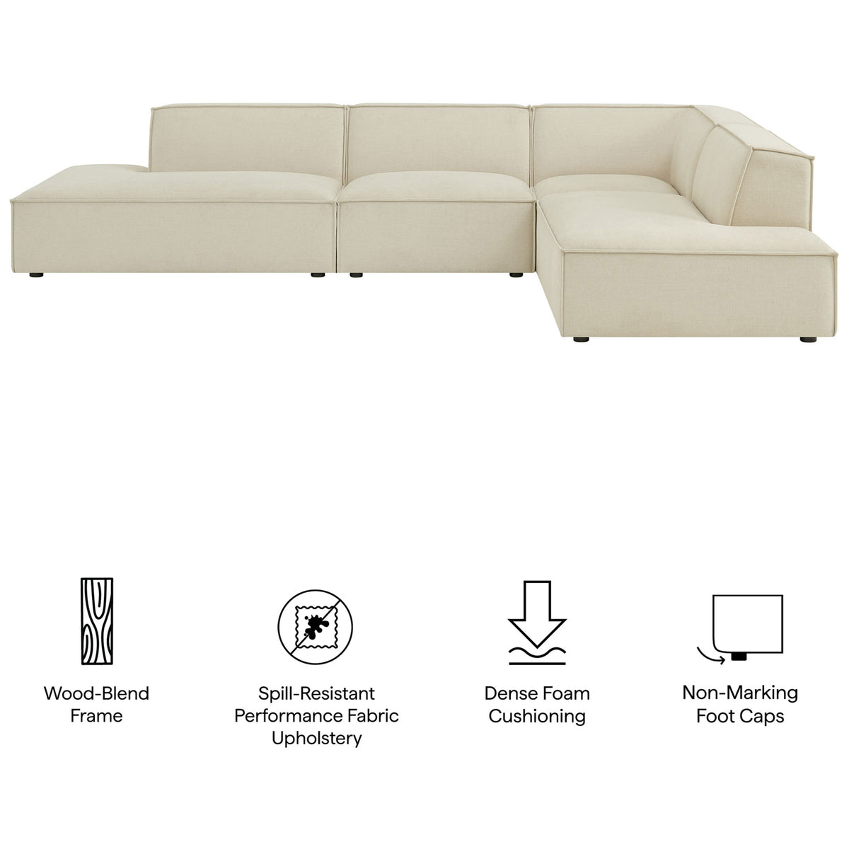 Key features of the ecru modular sectional, from spill-resistant fabric to dense foam and non-marking feet. || EEI-7413-ECR || callout_studio