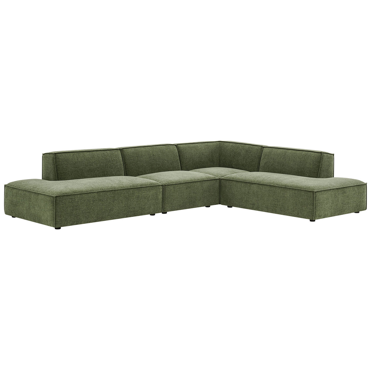 Spacious foliage green Restore modular sectional with wide chaise lounges and clean piped cushions. || EEI-7413-FOL || front_angle_studio