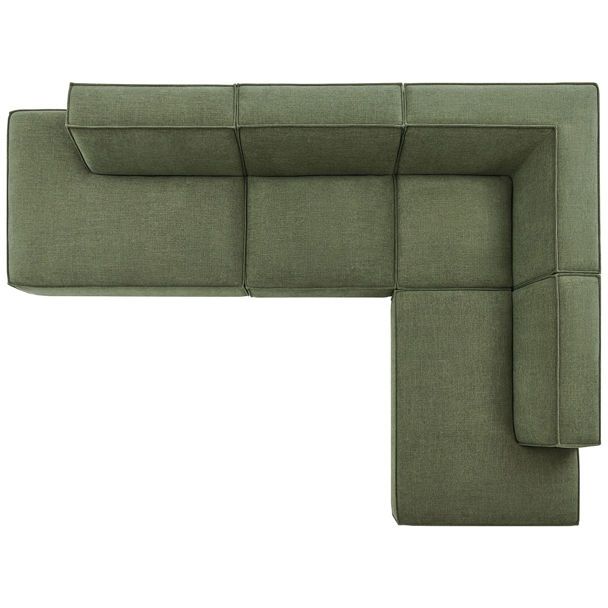 L-shaped foliage green modular sofa configuration with generous seating and slim back cushions. || EEI-7413-FOL || top_studio