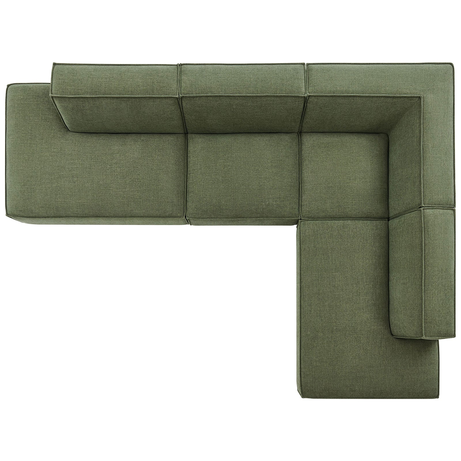 L-shaped foliage green modular sofa configuration with generous seating and slim back cushions. || EEI-7413-FOL || top_studio