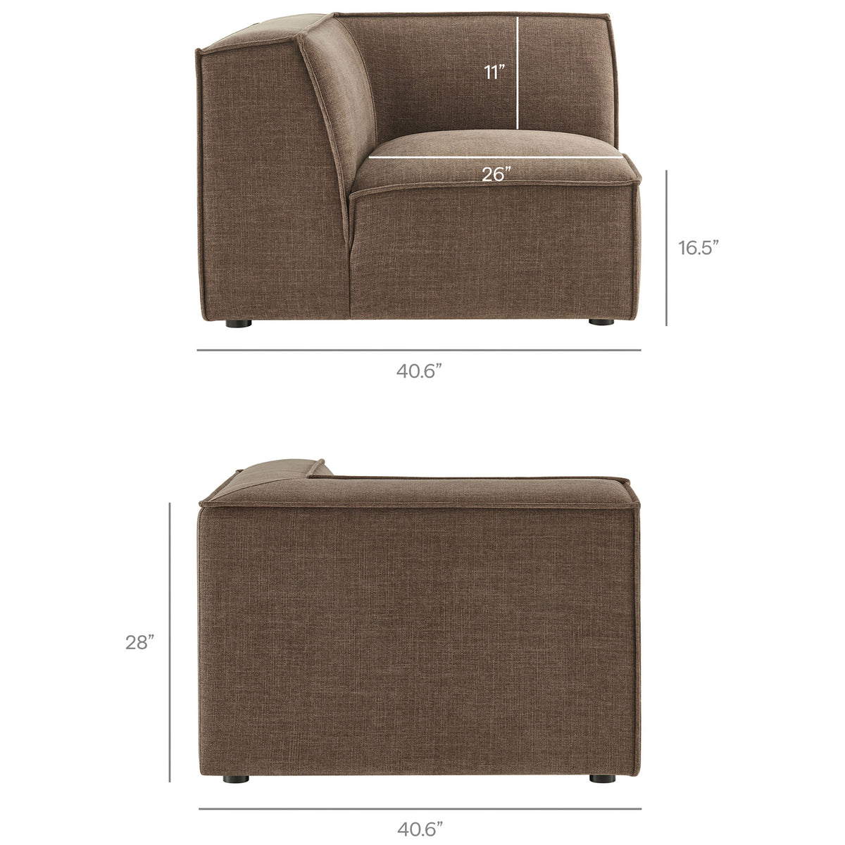 Dimension diagram of corner sectional chair module displaying seat and back dimensions || EEI-7413-MOC || dimension_studio