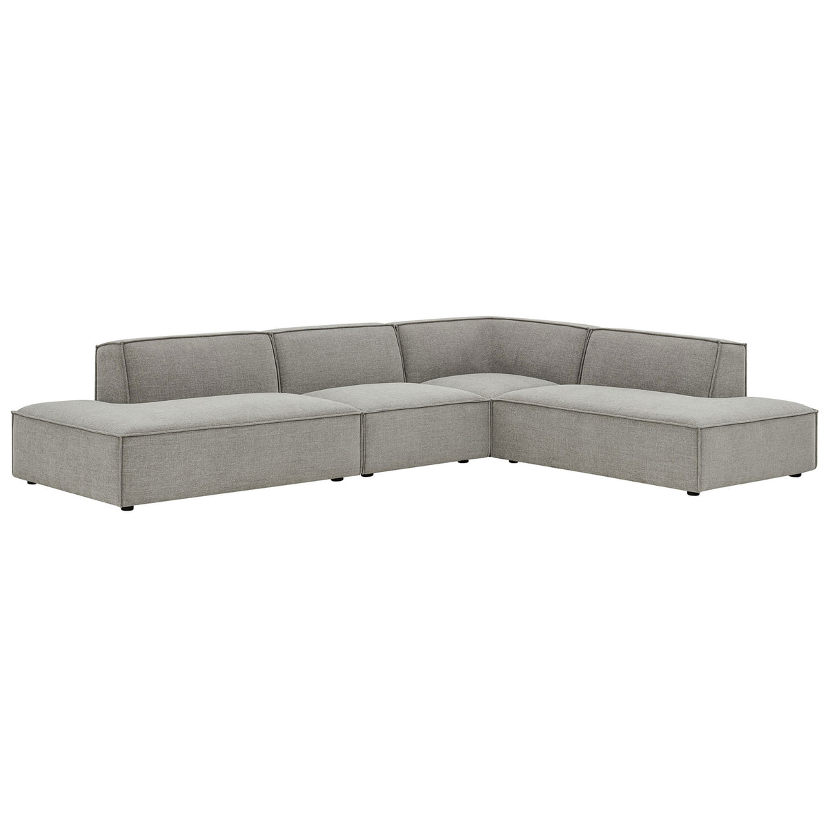 Contemporary modular sectional with generous chaise lounges and subtle French piping in pewter fabric || EEI-7413-PEW || front_angle_studio