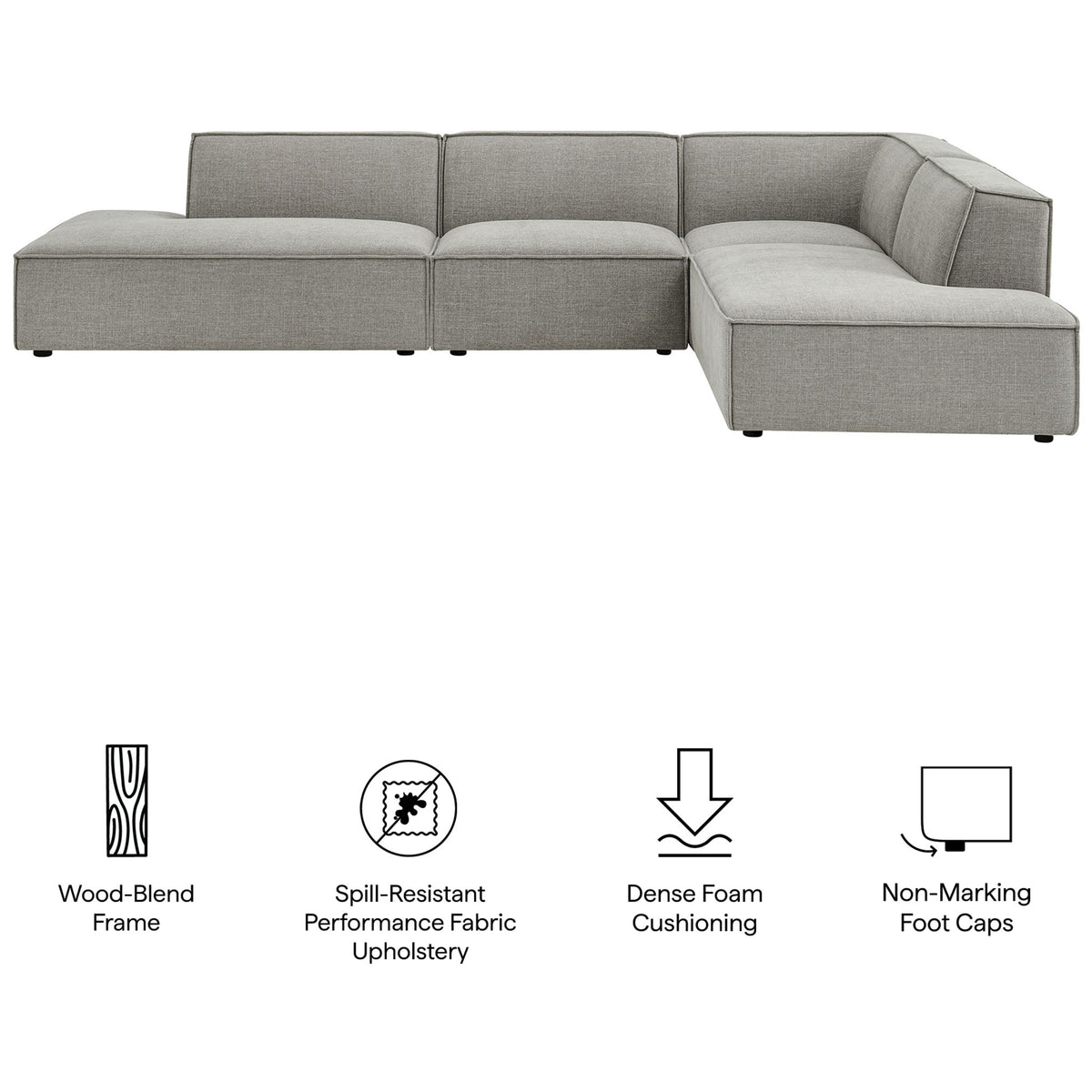 Pewter modular sectional highlighting spill-resistant fabric, dense foam cushions, and non-marking foot caps || EEI-7413-PEW || callout_studio