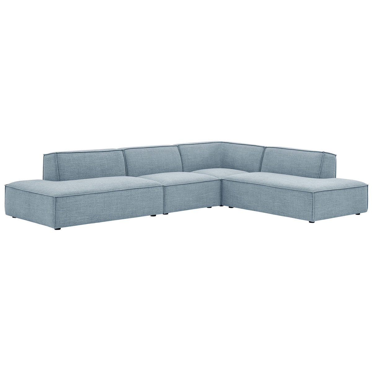 Sky blue modular L-shaped sectional sofa with armless chaises and tailored performance fabric upholstery. || EEI-7413-SKY || front_angle_studio