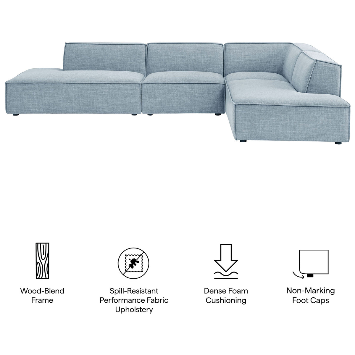 Sky blue modular sectional sofa with icons highlighting wood-blend frame, performance fabric, and dense foam cushions. || EEI-7413-SKY || callout_studio