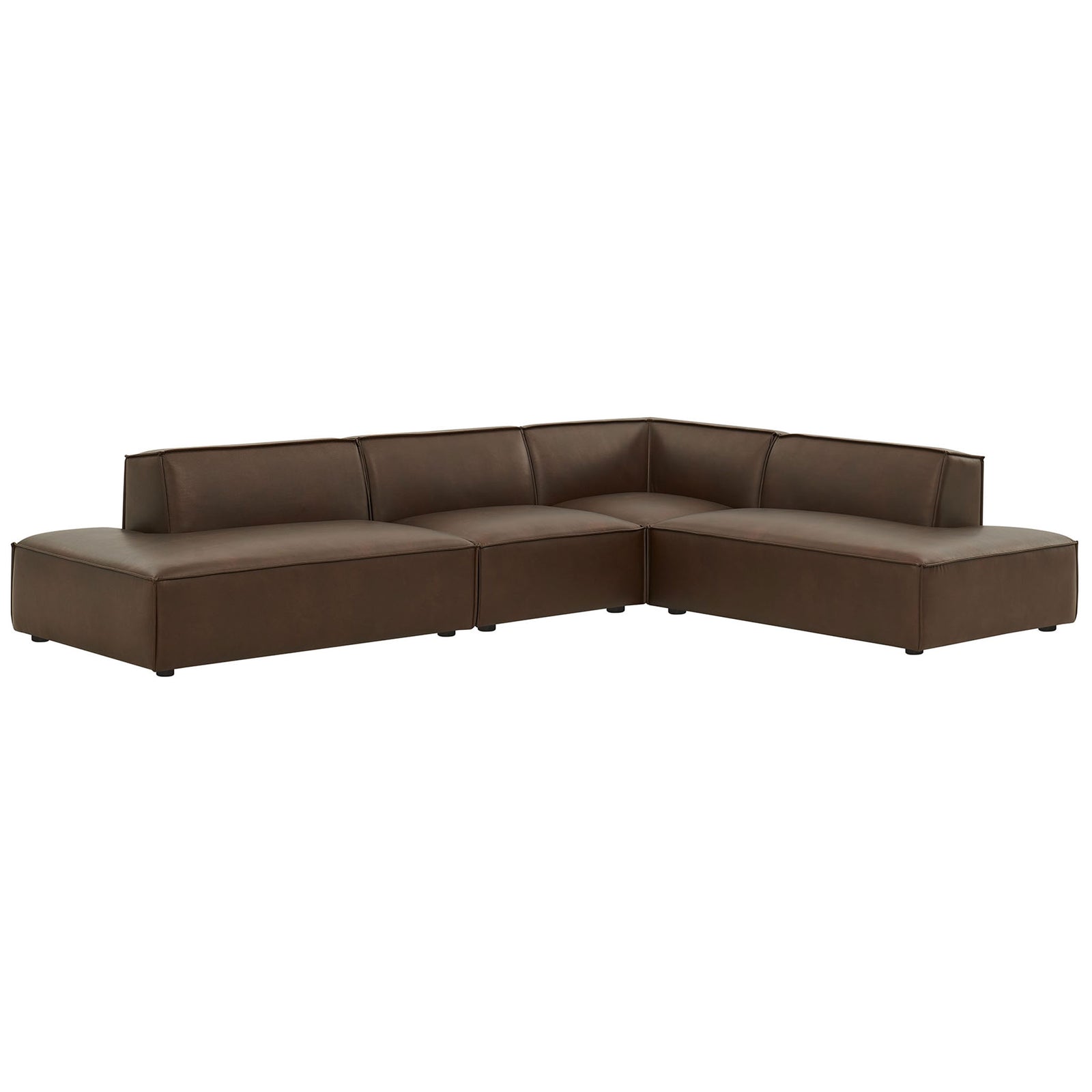 Low-profile L-shaped modular sectional in espresso vegan leather with broad, cushioned seats || EEI-7414-ESP || front_angle_studio